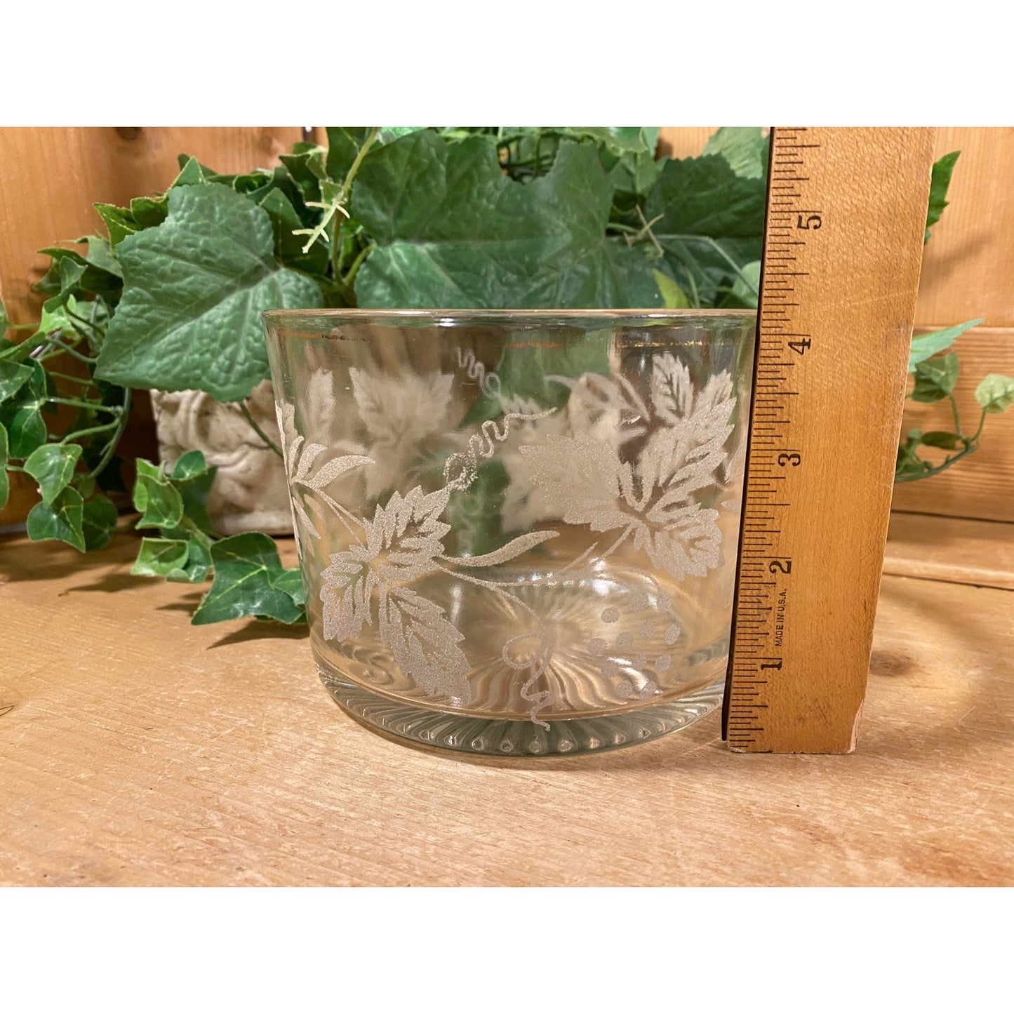 Vintage Clear Floral Glass Ice Bucket | Libbey | Etched, Frosted Glass Leaves and Gold Trim | Midcentury Modern Barware | Glass Wine Chiller