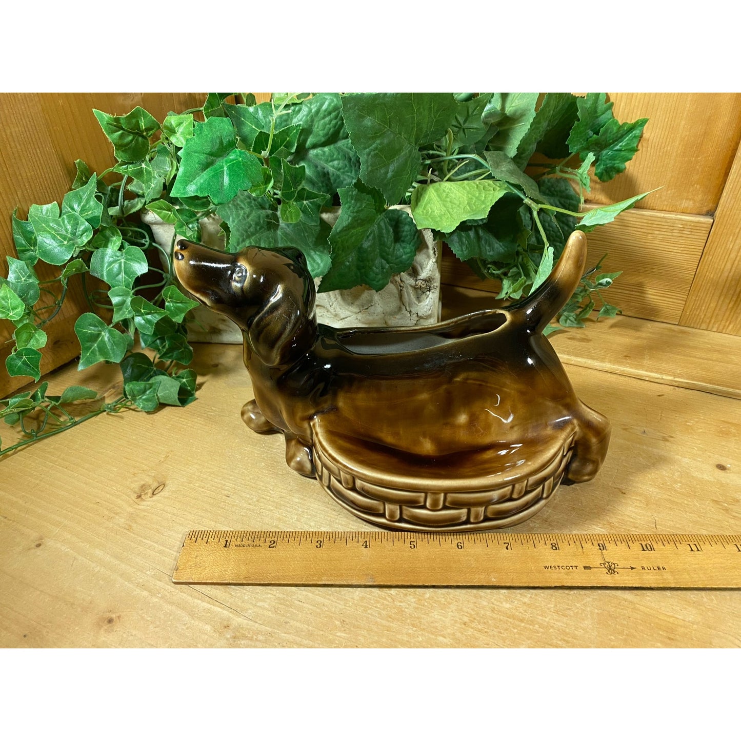 Vintage Brown Ceramic Dachshund Planter | Weiner Dog Planter | Midcentury Modern Table Decor | Vintage Brown Dog Planter | MCM Shelf Decor