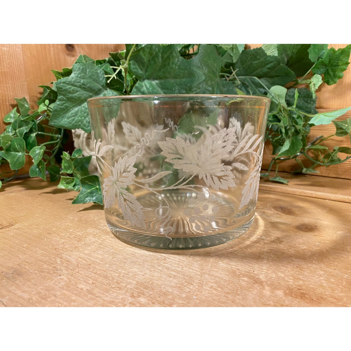 Vintage Clear Floral Glass Ice Bucket | Libbey | Etched, Frosted Glass Leaves and Gold Trim | Midcentury Modern Barware | Glass Wine Chiller