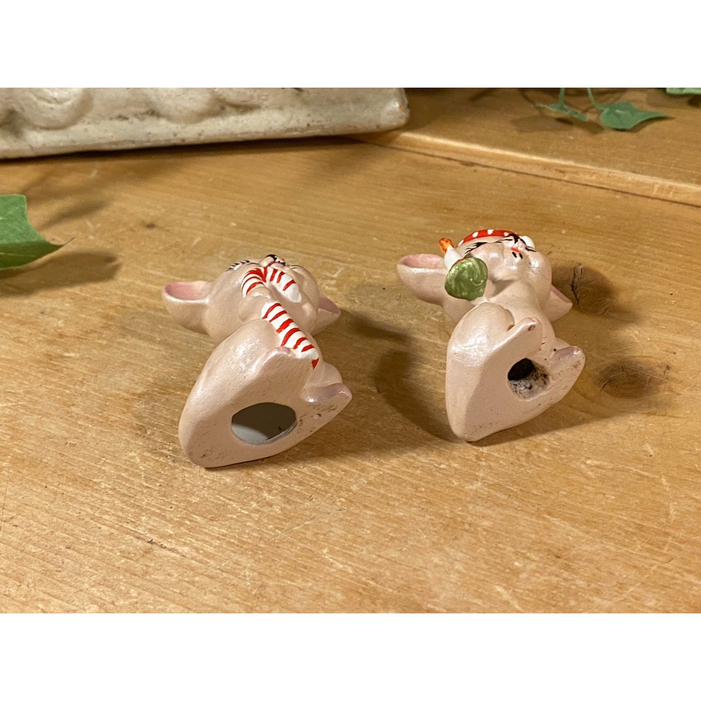 Vintage Christmas Mouse Figurines - Set of 2 | Christmas Mice | Candy Cane Mouse with Holly | Mouse with Red Hat, Candle | Midcentury Modern