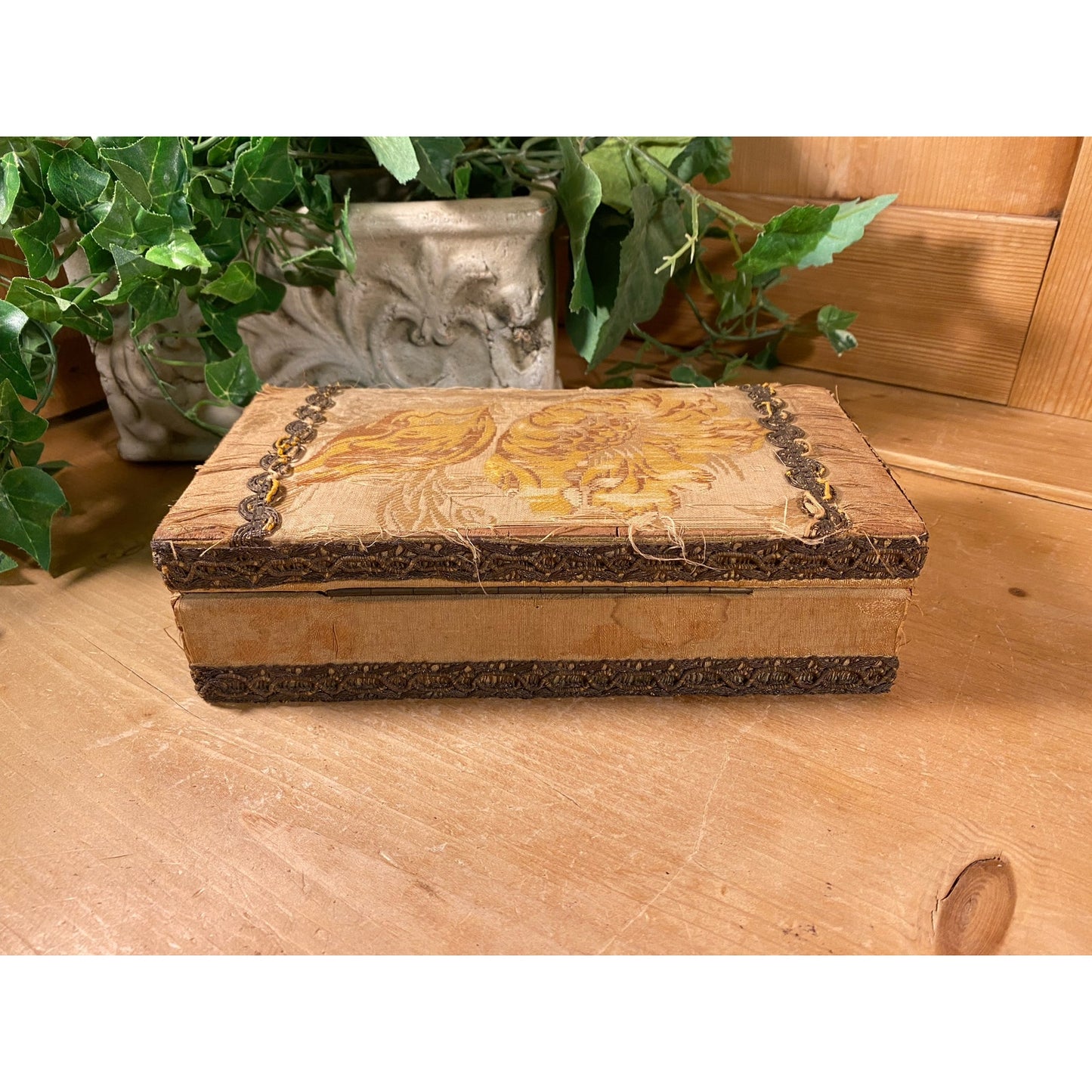 Antique Floral Fabric-Covered Writing Box with Fancy Trim | Victorian Dresser Decor | Wooden Decorative Box with Hinged Lid | Shabby Chic