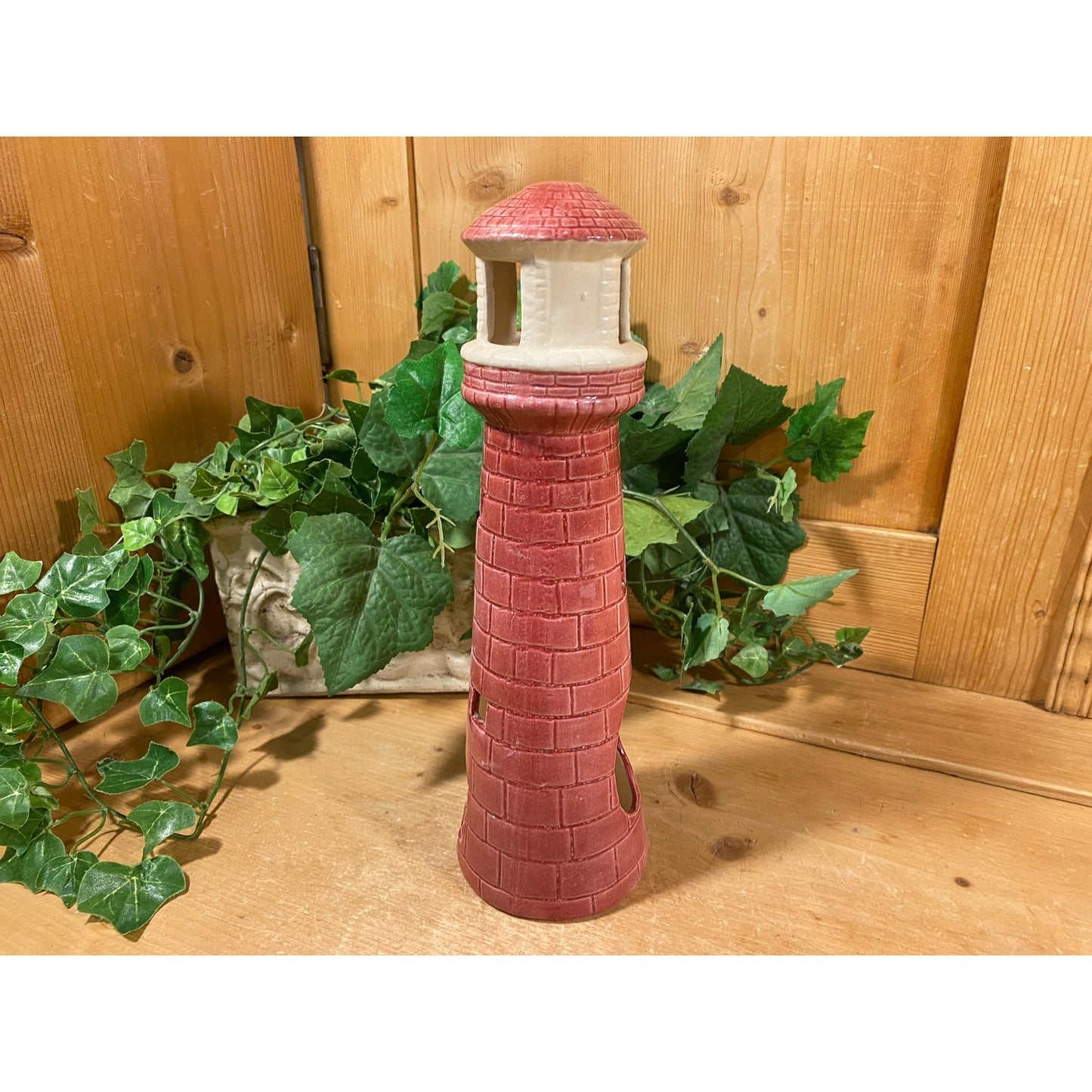Vintage Ceramic Lighthouse Tea Light Candle Holder | Red and White Lighthouse Votive Candle Holder | Nautical Table Decor | Coastal Decor |