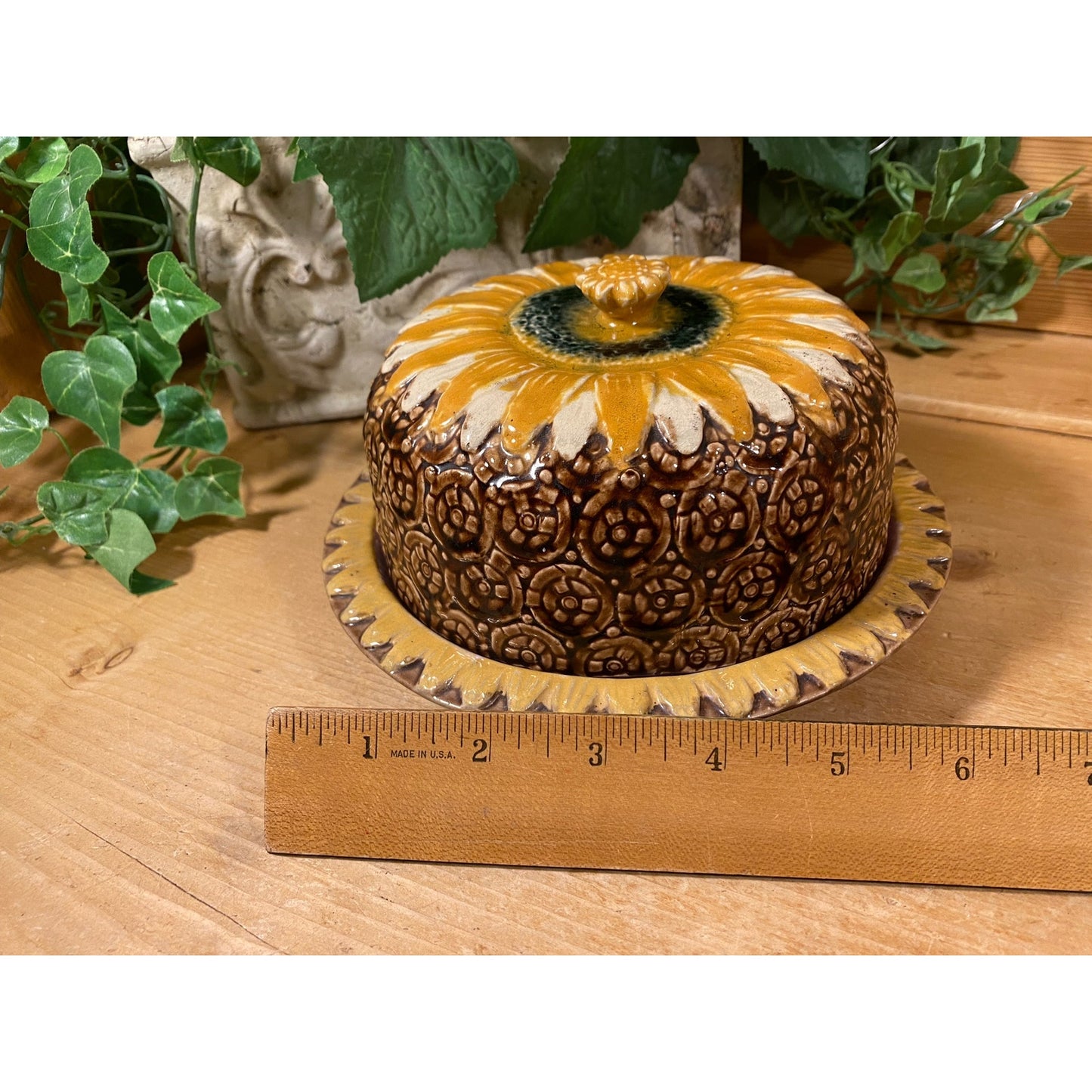 Vintage Flowered Majolica Pottery Cheese Dome with Lid | Yellow and Brown | Cottagecore Decor | Shabby Chic | Floral Victorian Table Decor