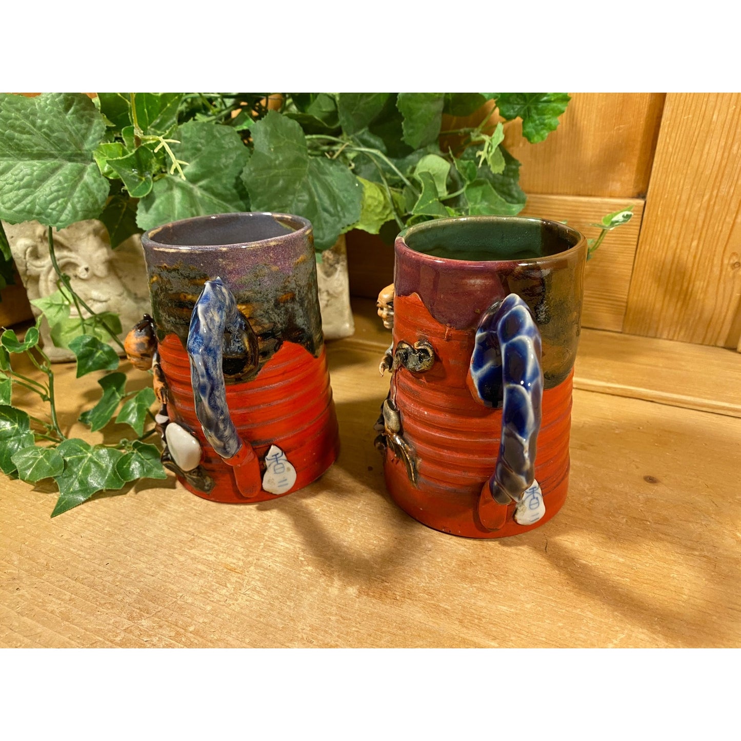 Antique Japanese Sumida Gawa Mugs -Set of 2 | Indue Ryosai Pottery | Asian | Vintage Glazed Pottery Art Mugs with 3D Figures | Academia