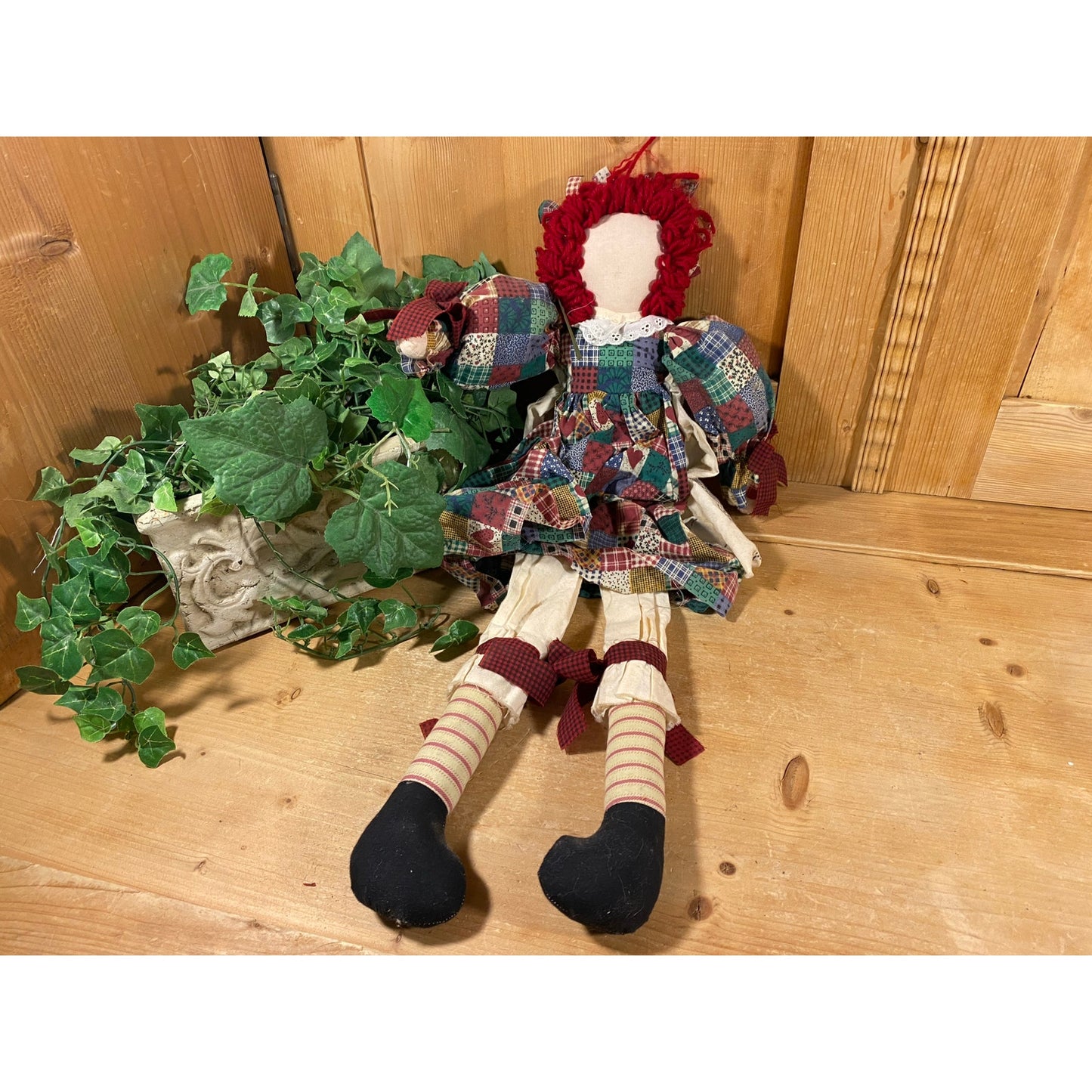 Vintage Long-Limb Raggedy Ann | Large Fabric Raggedy Ann Doll with Yarn Hair | Cloth Raggedy Ann Doll with Patchwork Dress, White Pinafore