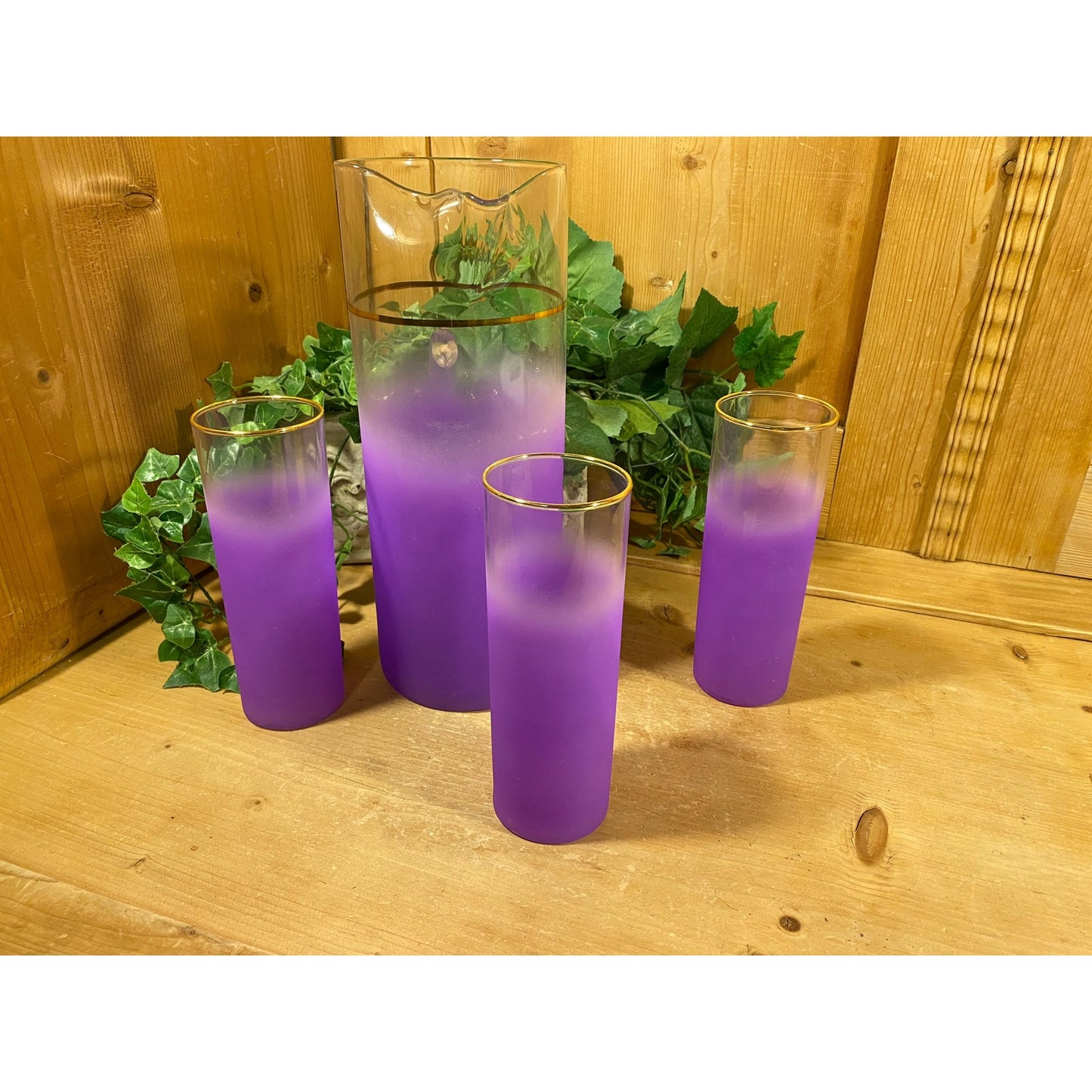 Vintage Blendo Frosted Purple Glass Pitcher and Tumblers - Set of 4 | Midcentury Modern Drinkware Set | Purple Ombre Glass Pitcher + Glasses