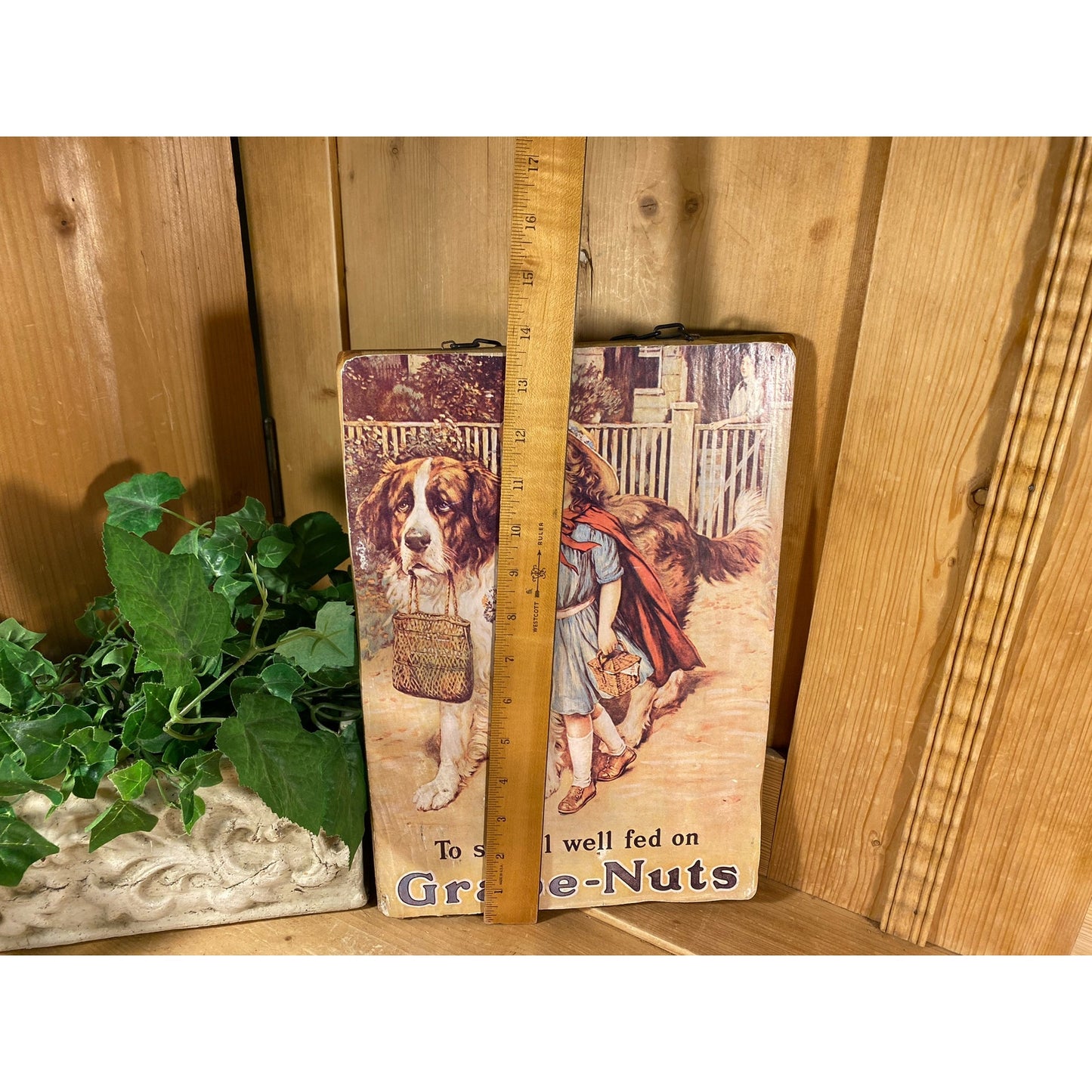 Vintage Grapenuts Poster On Wood | Shellaced Wall Plaque with Chaing Hanger | Vintage Advertising Art | Primitive Wall Art | Primitives