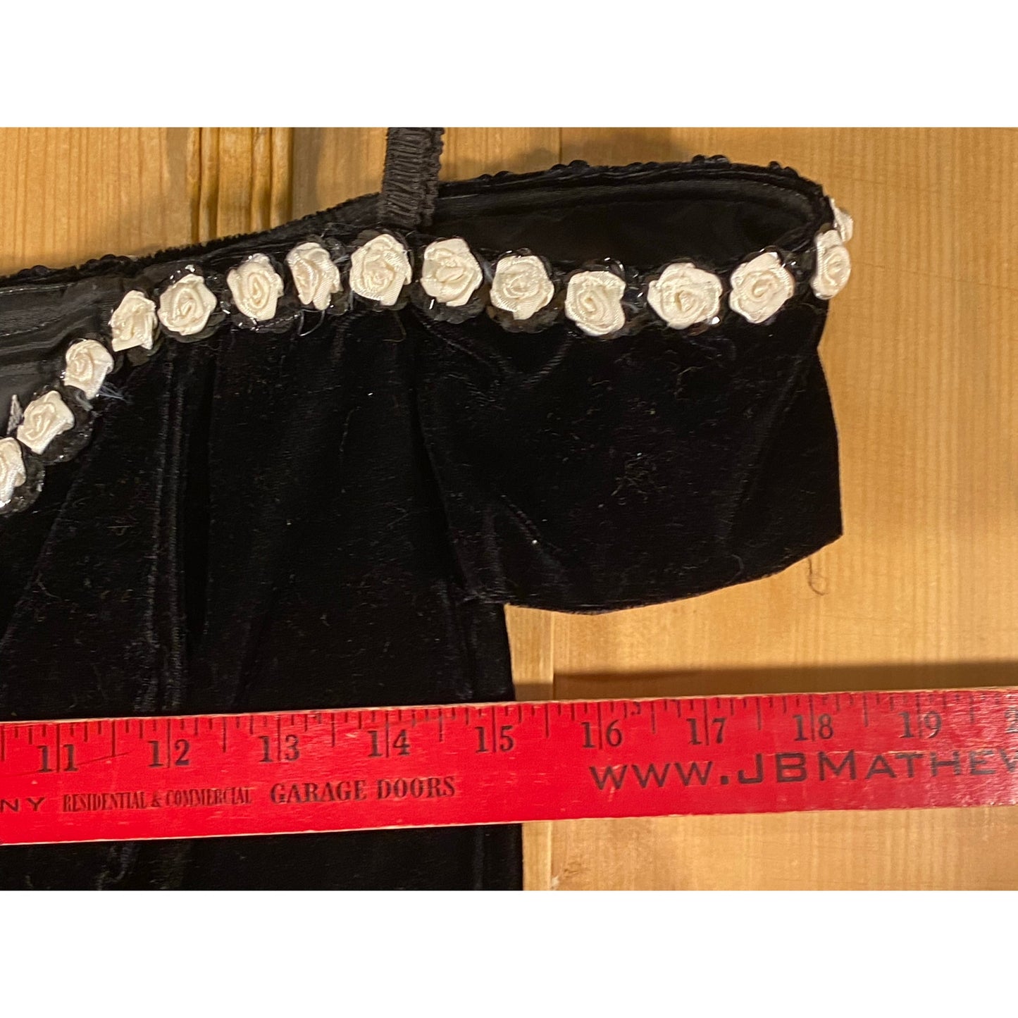 Vintage Black Velvet Dress with White Silk Rosettes On Neckline | De Laru | Women's 6/8 | Retro 1990s Black Off-the-Shoulder Cocktail Dress