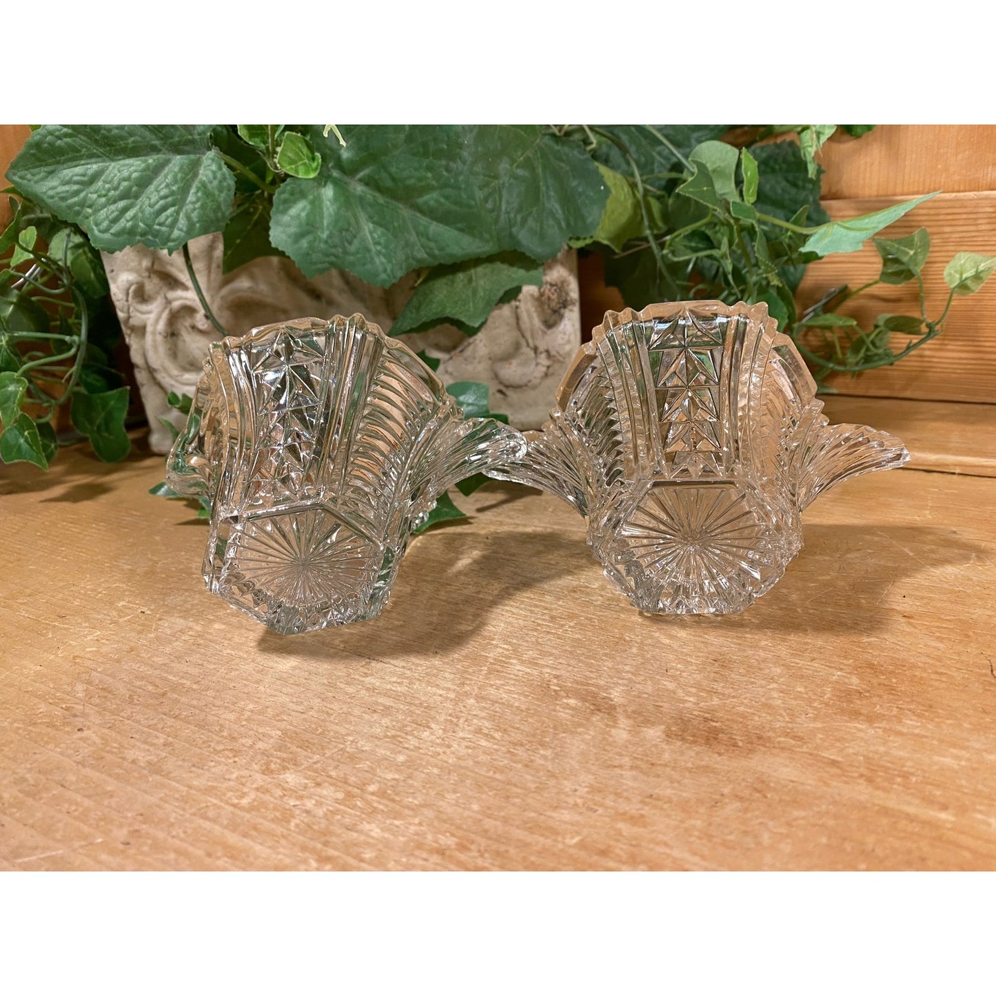Vintage Clear Cut Glass Sugar and Creamer - Set of 2 | Fan Handle and Starburst Base | Victorian | Clear Glass Sugar Bowl + Cream Pitcher