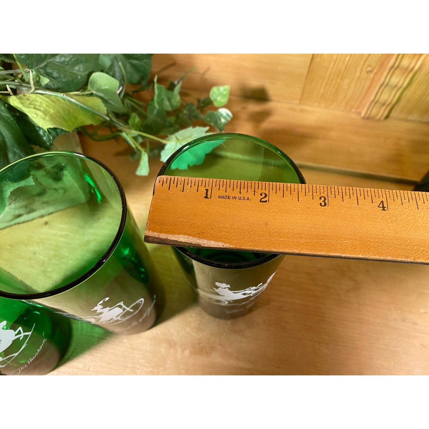 Vintage "Gay '90s Green Glass Drinking Glasses | Anchor Hocking | 3 Bicycle for Two, 2 Gas Buggy, 3 The Hansom | Green Glass Cups with 1890s