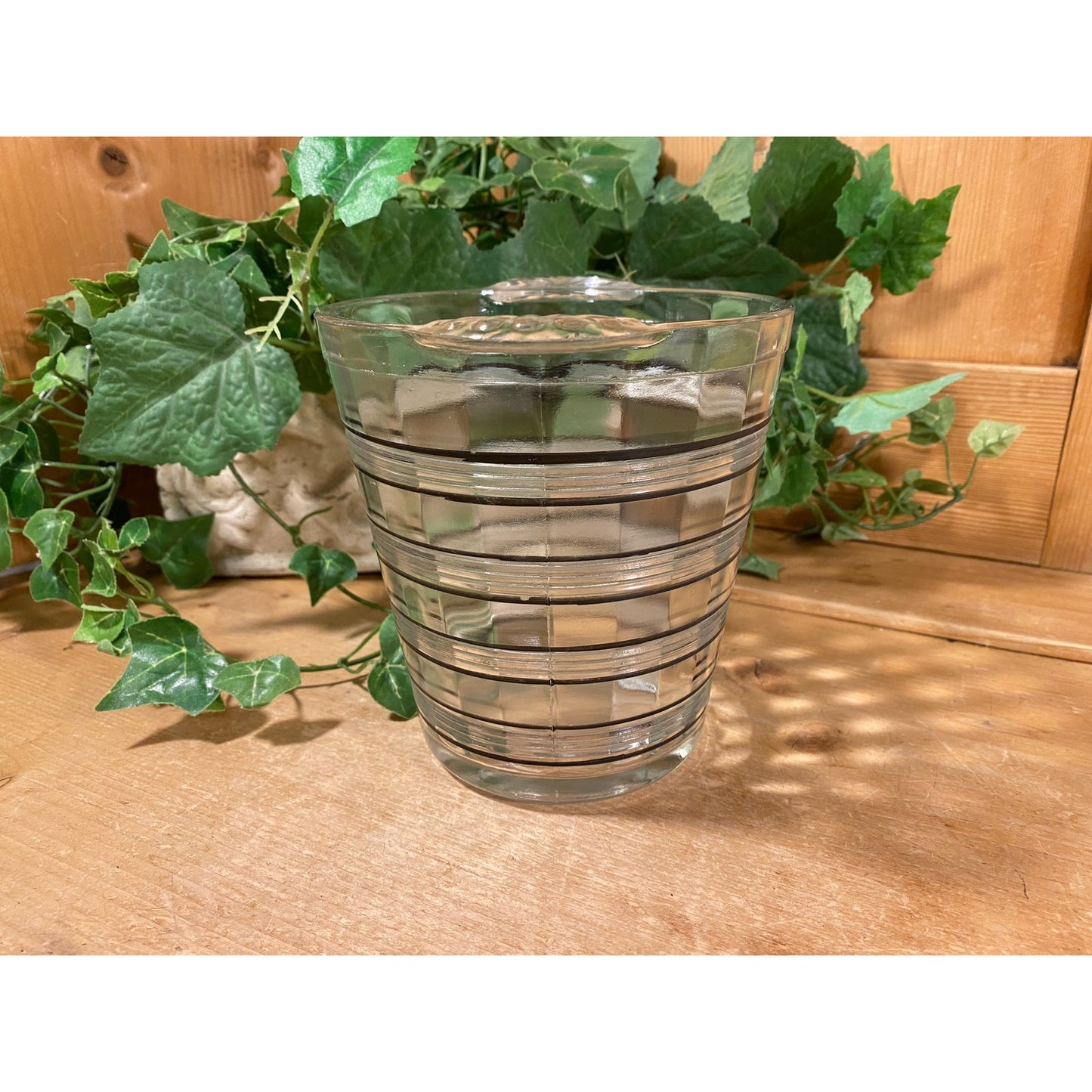 Vintage Striped Clear Glass Ice Bucket with Black Accents | Clear Glass Serving Dish for Wine or Champagne | MCM | Midcentury Modern Barware