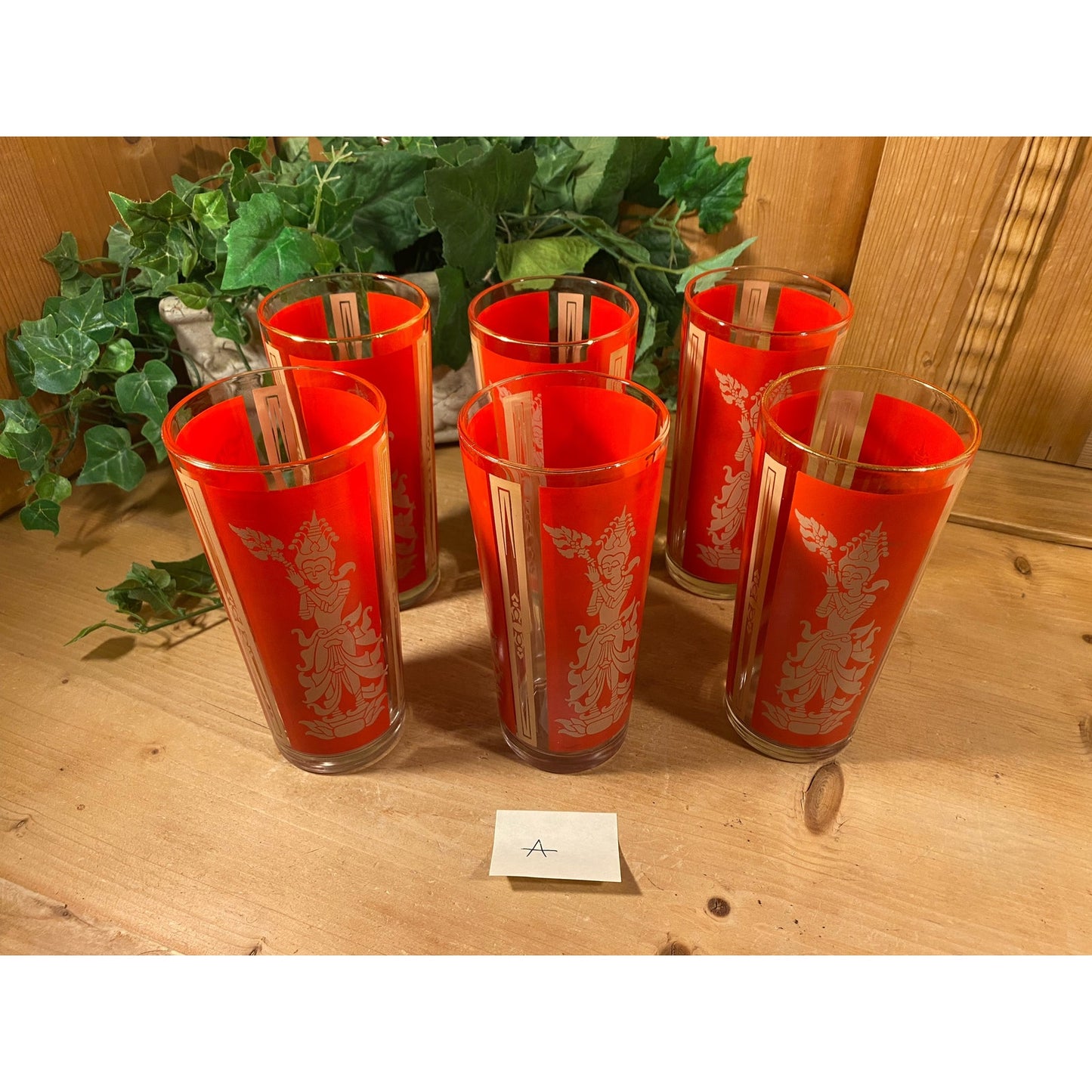 Vintage Red Thai Princess Glasses - Set of 6 | Culver | Midcentury Modern Drinking Glasses (A) | Thai Goddess | Academia | Hollywood Regency
