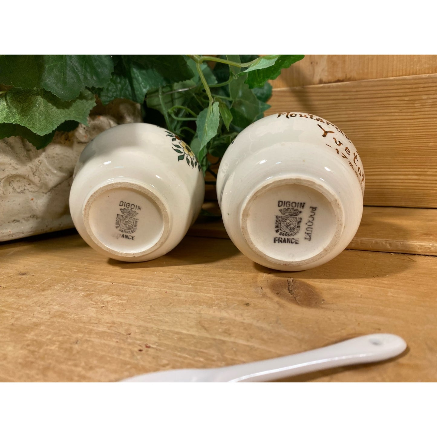 Vintage French Ceramic Mustard Jars with Spoons | Digoin & Sarreguemines | Cottagecore Kitchen Shelf Decor | French Mustard Pots (no lids)
