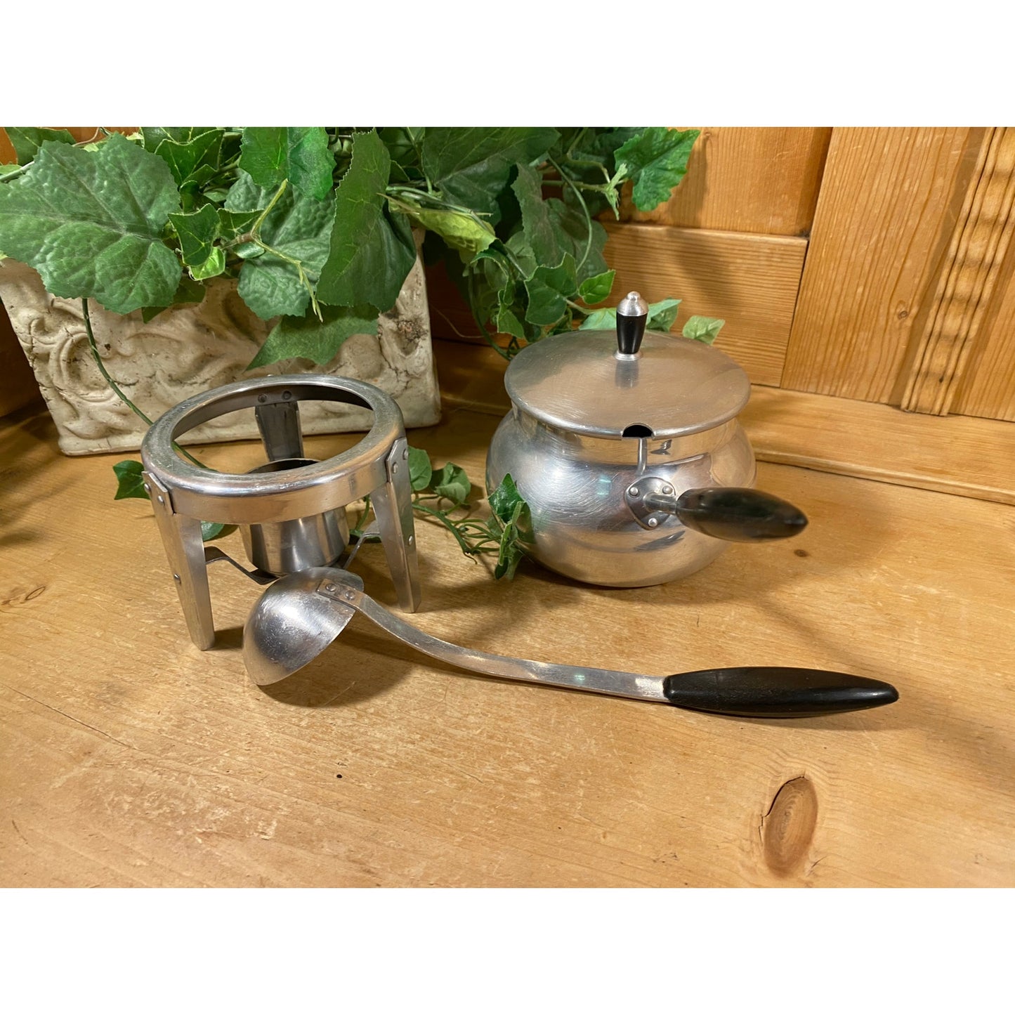 Vintage Aluminum Warming Pan 3 pc. Set | Fondue, Sauce, Milk | Spain | Pot, Base, Ladle | Aluminum + Black Bakelite | Midcentury Modern