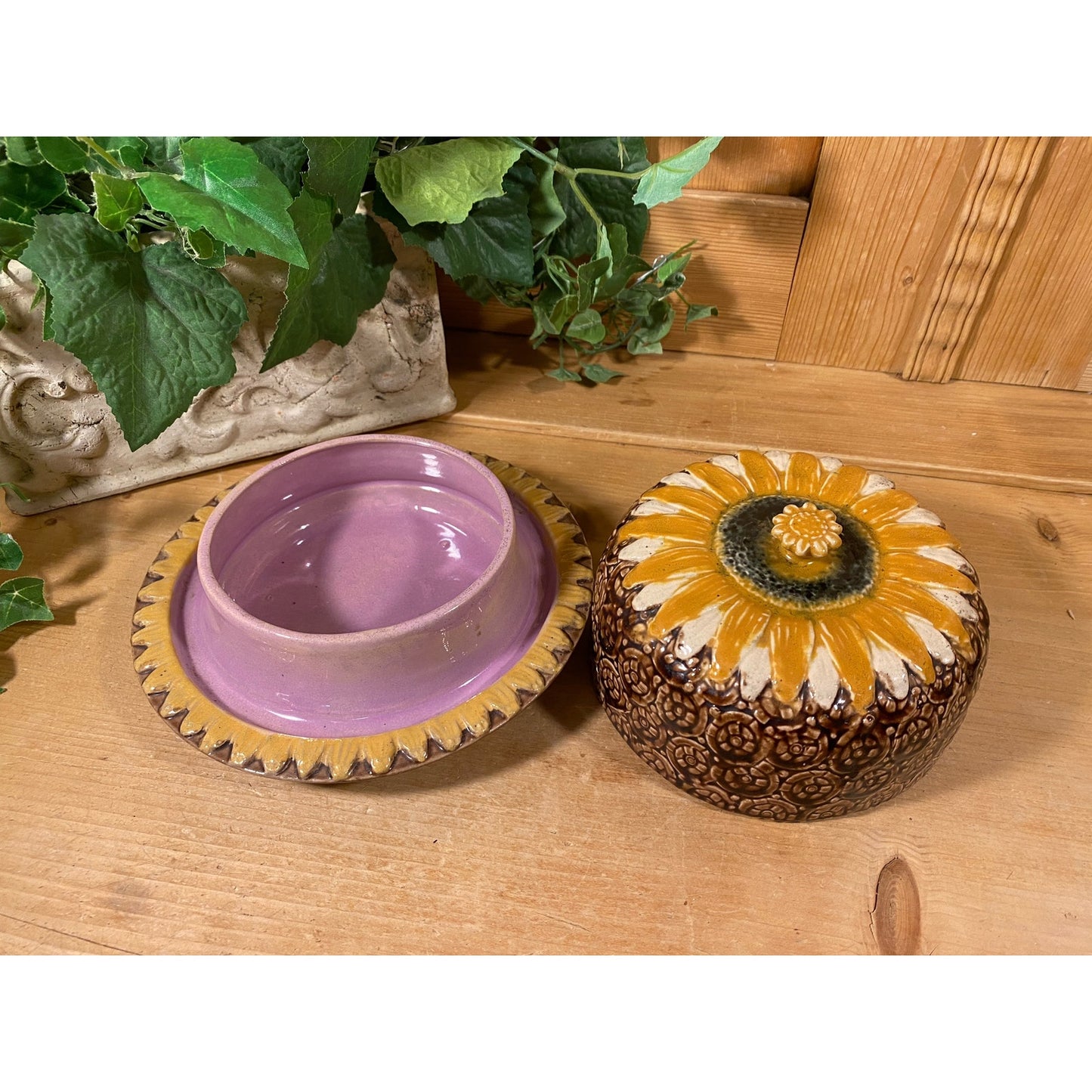 Vintage Flowered Majolica Pottery Cheese Dome with Lid | Yellow and Brown | Cottagecore Decor | Shabby Chic | Floral Victorian Table Decor