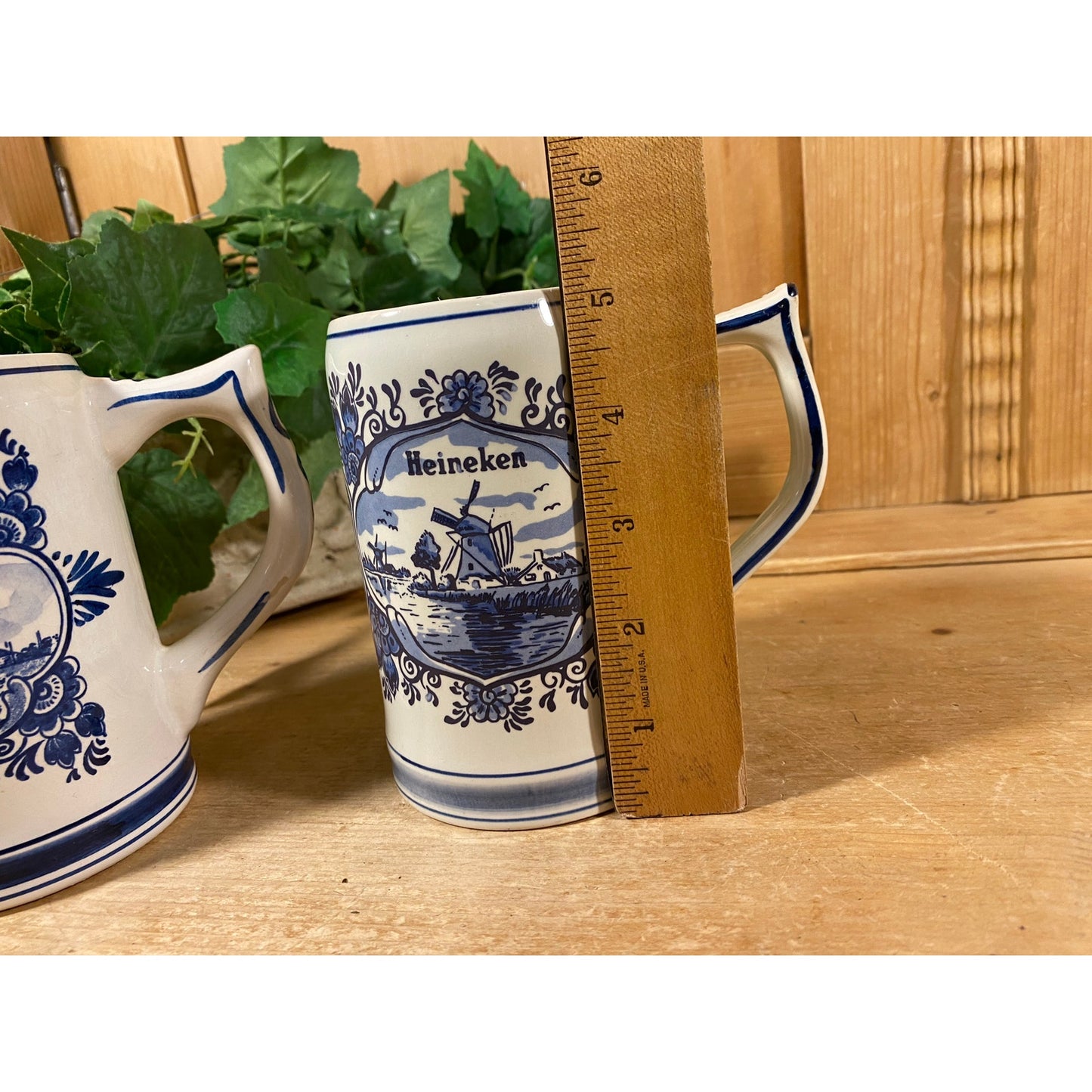 Vintage Hand-Painted Heineken Ceramic Tankards - Set of 2 | Delft Blue | Made In Holland | Dutch Beer Mugs | Collectible European Steins