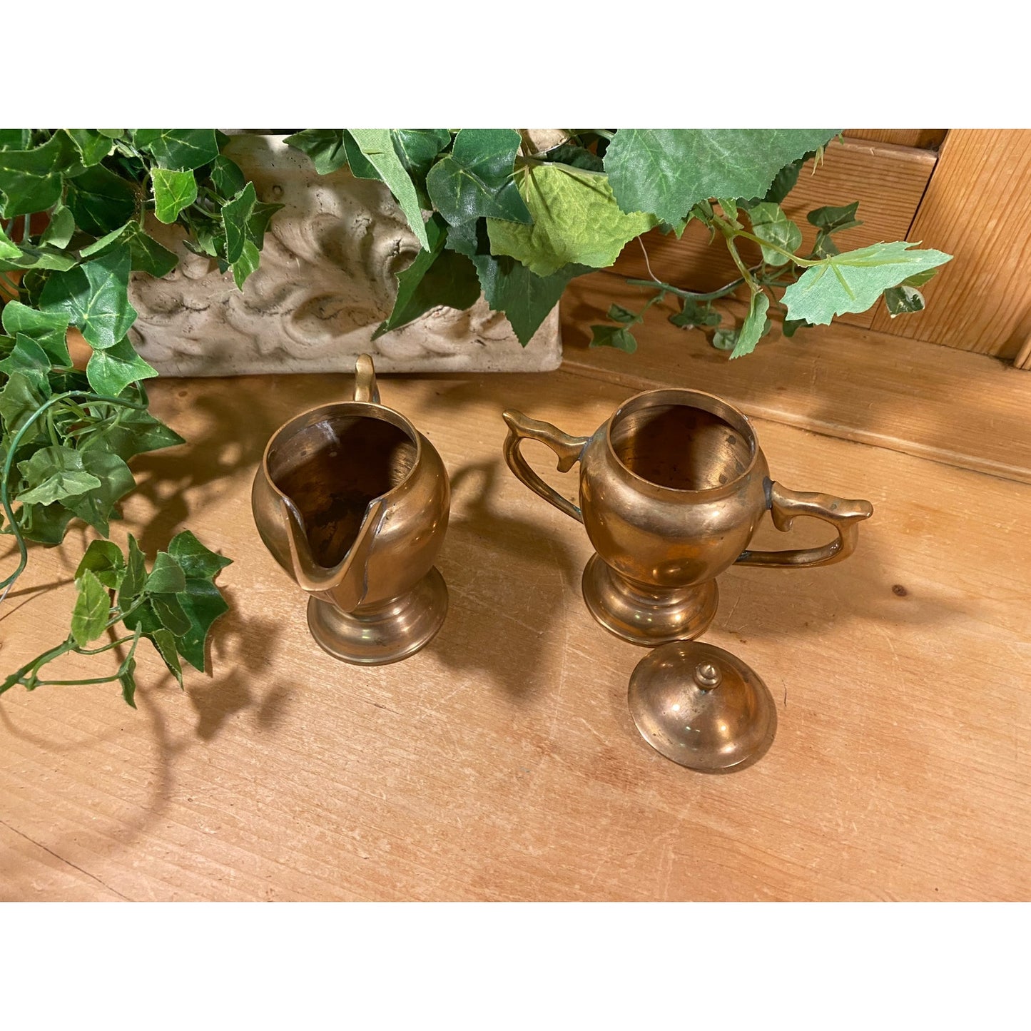 Vintage Solid Brass Sugar Bowl + Cream Pitcher Tea Set | Bohemian Table Decor | Brass Creamer and Sugar Bowl | 2 pc. Boho Cream and Sugar