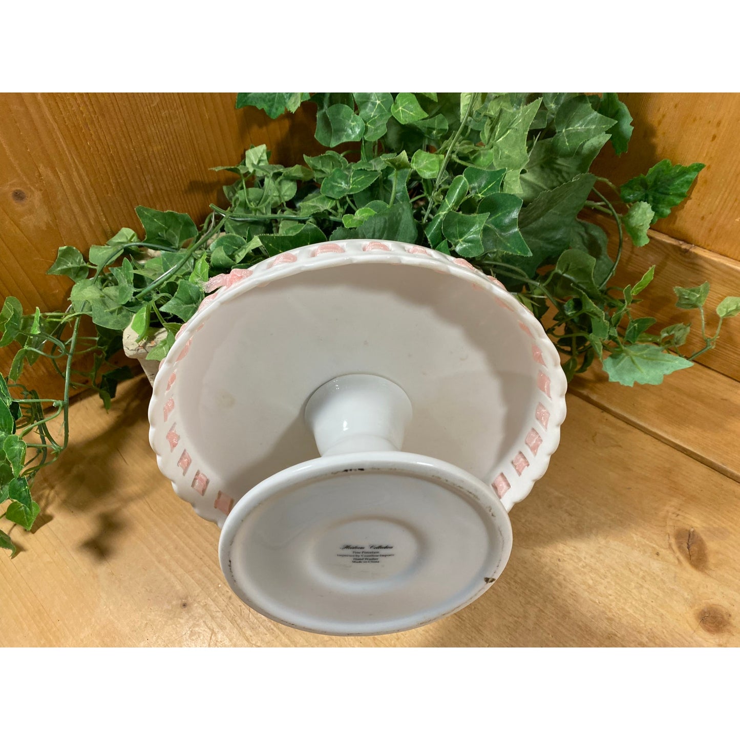 Vintage White Porcelain Pedestal Cake Stand with Pink Ribbon Trim | Coastline Imports | Shabby Chic Pedestal Cake Plate | Dessert Stand