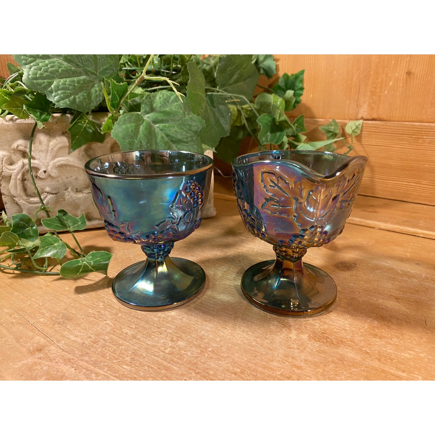 Vintage Harvest Grape Blue Carnival Glass Cream + Sugar Set | Indiana Glass | Shabby Chic | Iridescent Glass Cream Pitcher and Sugar Bowl