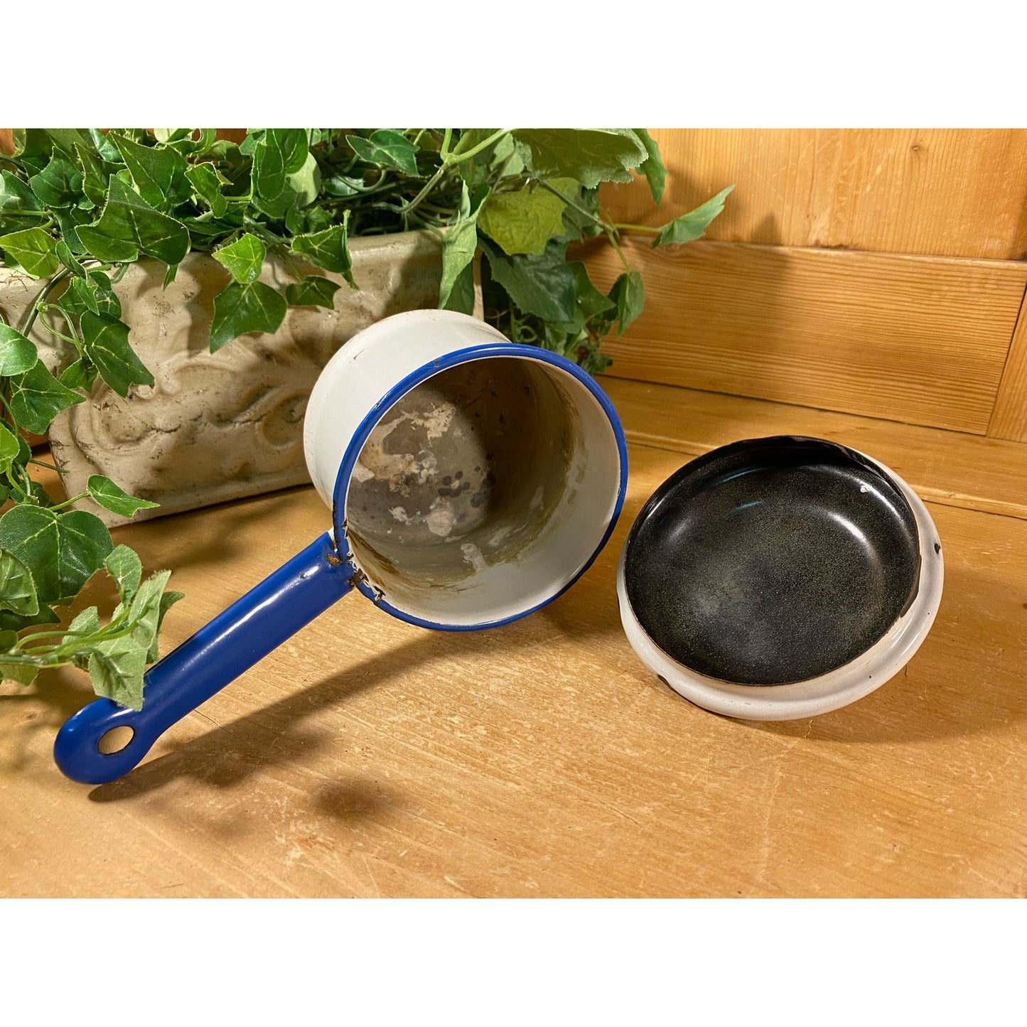 Vintage White and Blue Enamel Sauce Pan with Lid | White + Blue Enamel Pot | Farmhouse Kitchen | White + Blue Enamel Cookware | Enamelware
