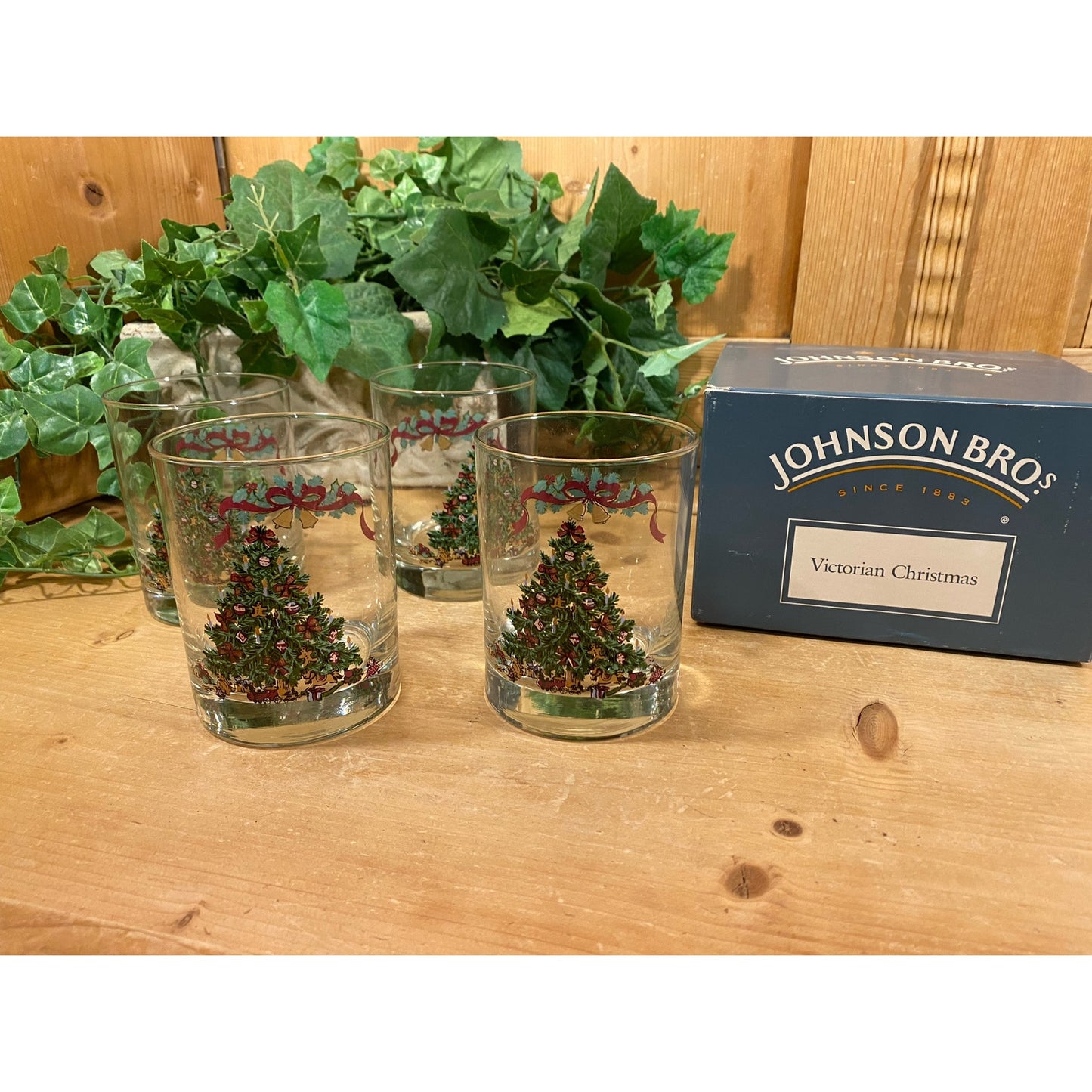 Vintage Victorian Christmas Tree Double Old Fashioned Glasses - Set of 4 | Johnson Bros. | England | Christmas Barware | Cocktail Glasses