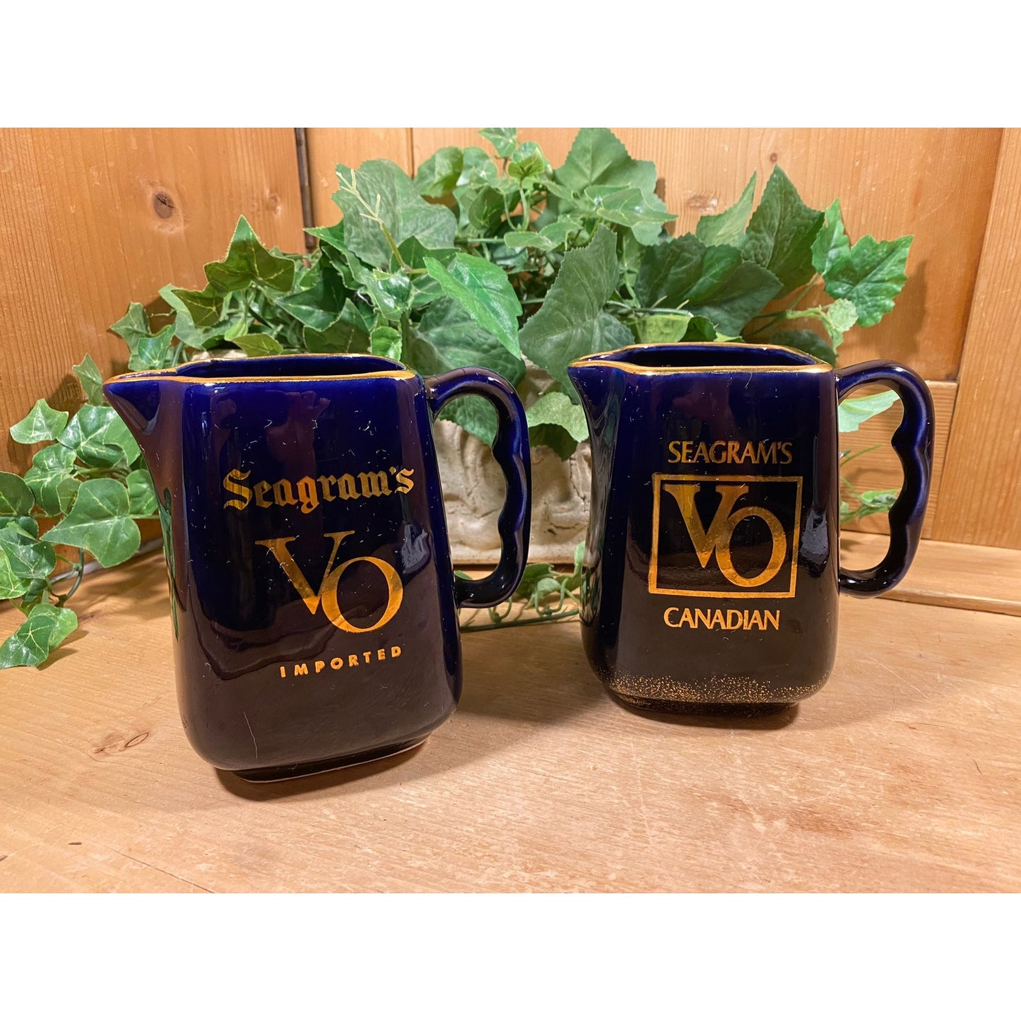 Vintage Seagram's VO Canadian Whiskey Pitchers - Set of 2 | Cobalt Blue Ceramic Whiskey Pitchers with Printed Logo | Academia | Home Bar