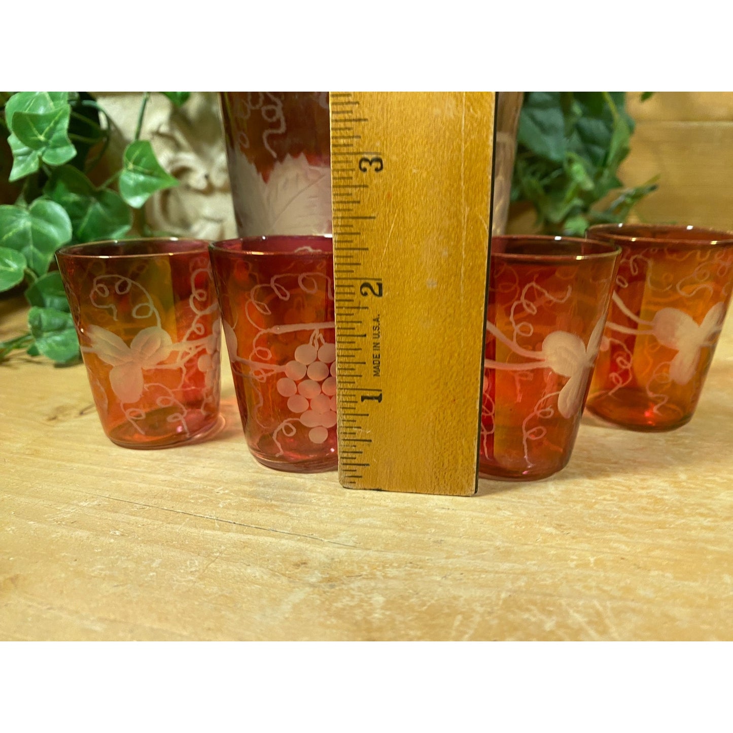 Vintage Etched Glass Wine Decanter with Glasses - Set of 5 | Imperial | Etched Glass with Grapes, Grapevines | Wine Decanter Set | Victorian