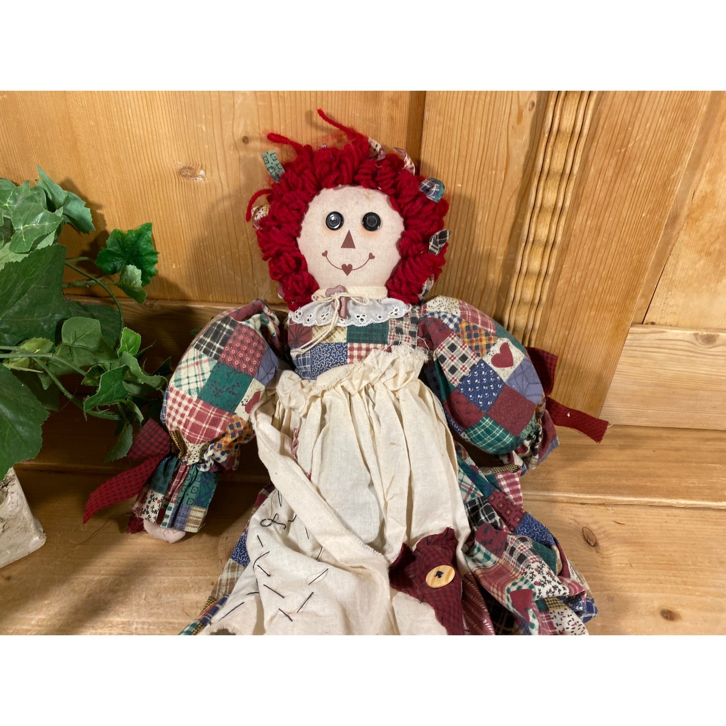 Vintage Long-Limb Raggedy Ann | Large Fabric Raggedy Ann Doll with Yarn Hair | Cloth Raggedy Ann Doll with Patchwork Dress, White Pinafore