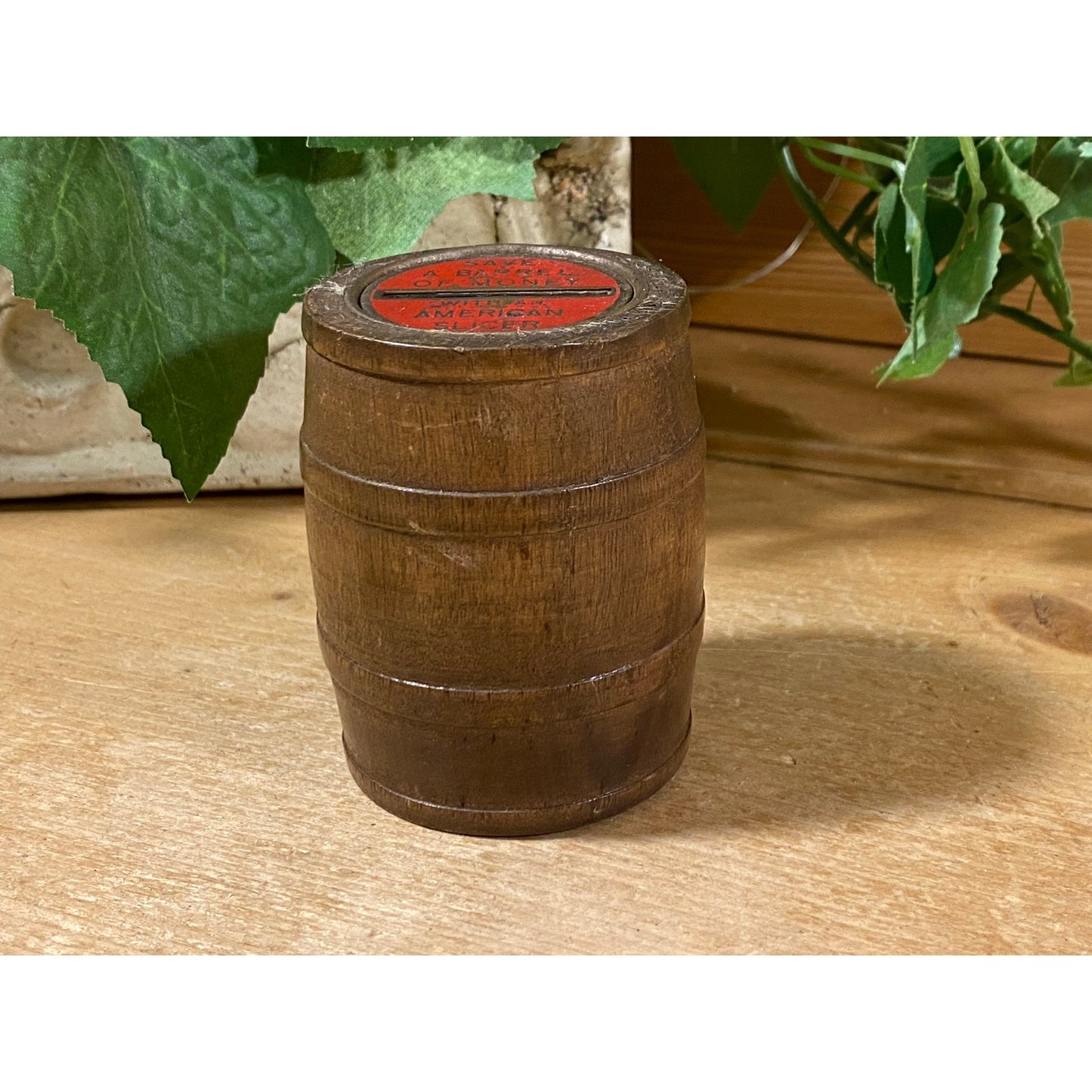 Vintage Wooden Barrel Coin Bank | "Save A Barrel of Money with An American Slicer" | Wood Barrel Coin Bank | Vintage Advertising | Farmhouse