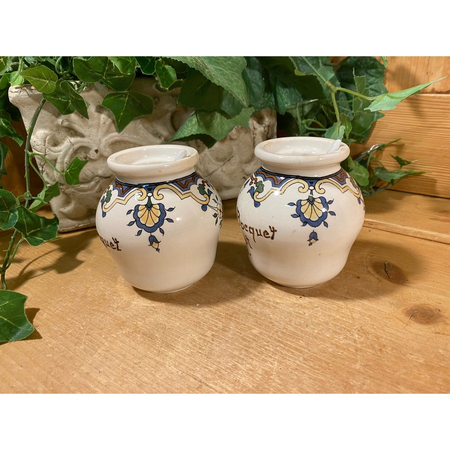 Vintage French Ceramic Mustard Jars with Spoons | Digoin & Sarreguemines | Cottagecore Kitchen Shelf Decor | French Mustard Pots (no lids)