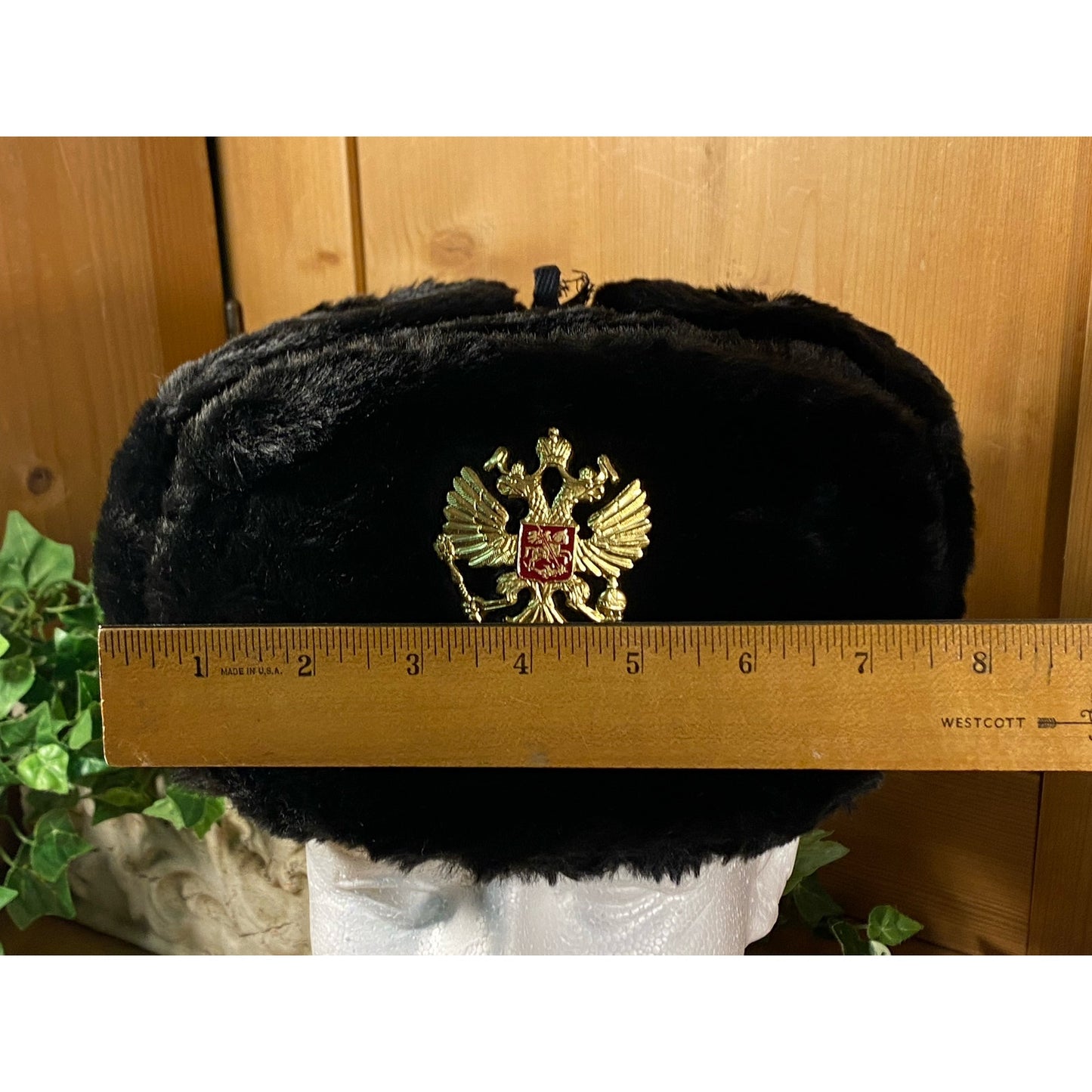 Vintage Russian Black Faux Fur Hat with Insignia Pin | Womens Fashion Faux Fur Lined Winter Hat | Vintage Womens Fashion Hat