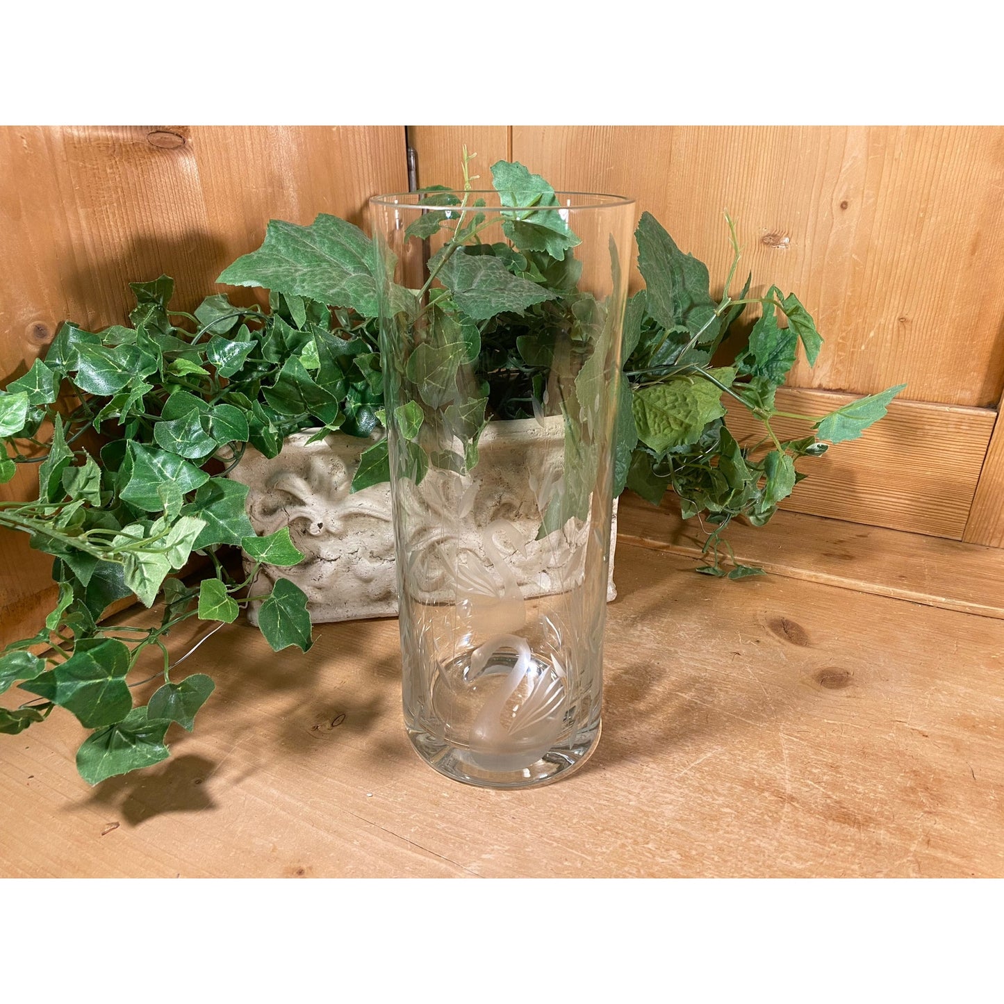 Vintage Clear Round Etched Glass Swan Vase | Round Glass Swan Flower Vase | Cottagecore Table Decor | Swans | Swan Decor | Etched Glass Vase