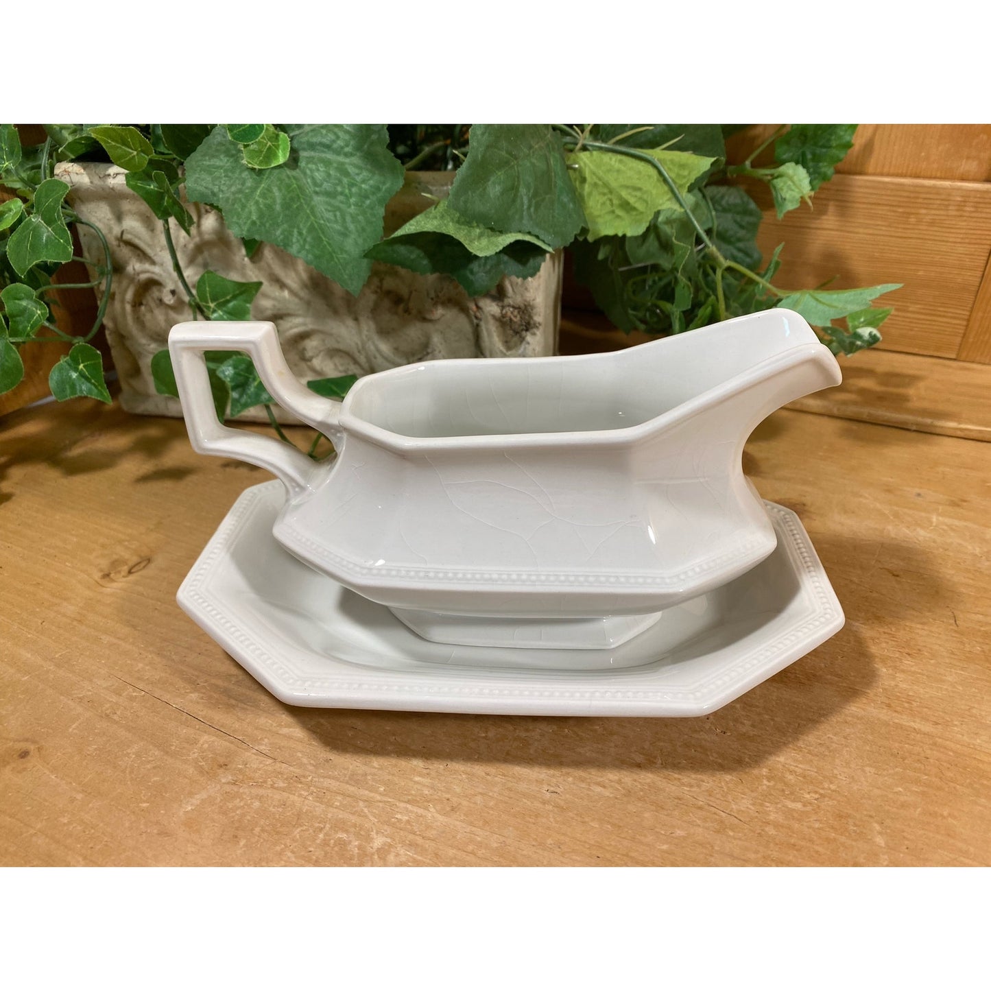 Vintage White Ironstone Gravy Boat + Plate | Johnson Bros. | Made In England | English Ironstone | Farmhouse Table Decor | Stoneware Dish