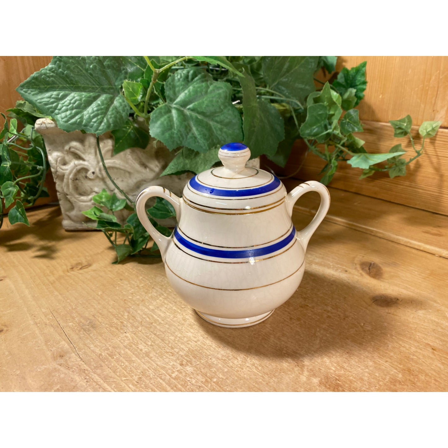 Vintage Striped Porcelain Sugar Bowl with Lid | Crooksville China Co. | Made In USA | Pasmantier Pattern | Blue and Gold | Victorian Tea