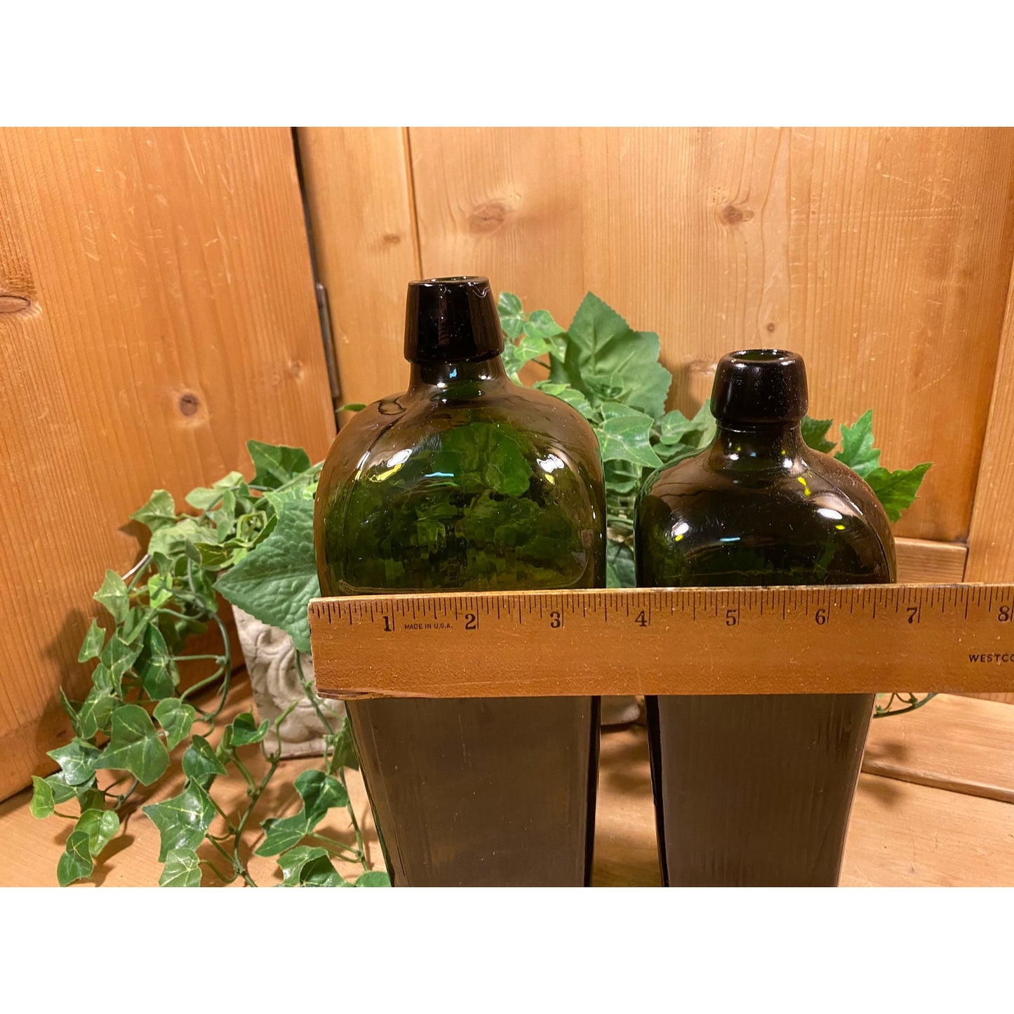 Antique Green Glass Bottles - Set of 2 | Olive Green Liquor Bottles | Primitive Shelf Decor | Rustic Farmhouse Kitchen | Vintage Bottles