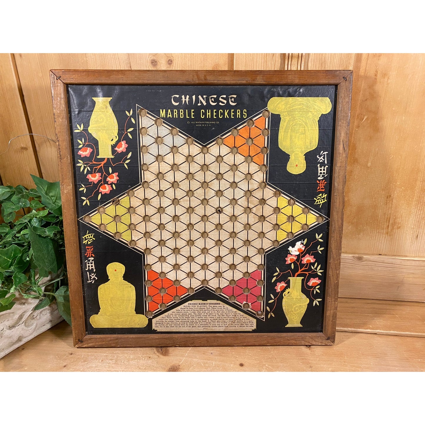 Vintage Chinese Checkers + Checkers Board with Wood Frame | Whitman | 1939 | Reversible Game Board | Classic Marble Boardgame | Game Night