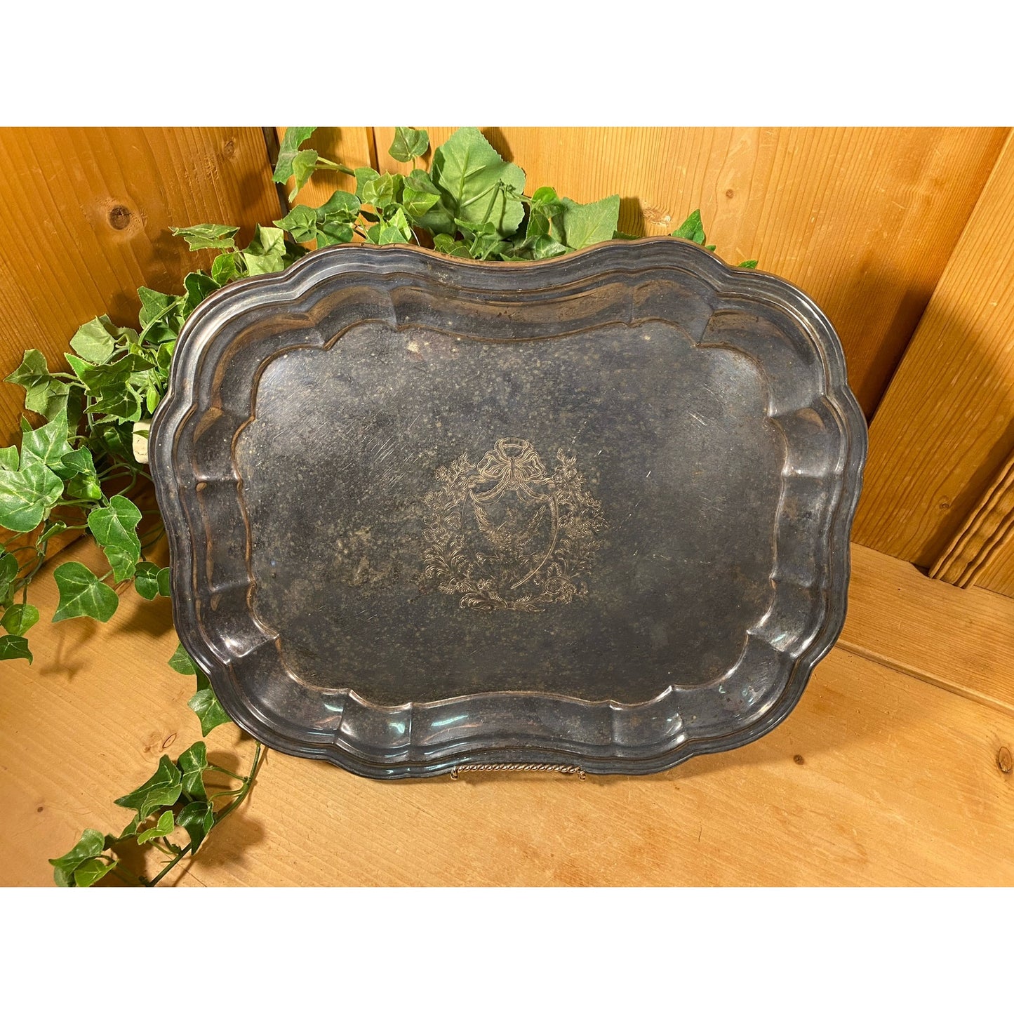 Vintage Scalloped Silverplate Serving Tray with Embossed Eagle Crest | Victorian Decor | Metal Serving Tray | Shabby Chic Kitchen Decor