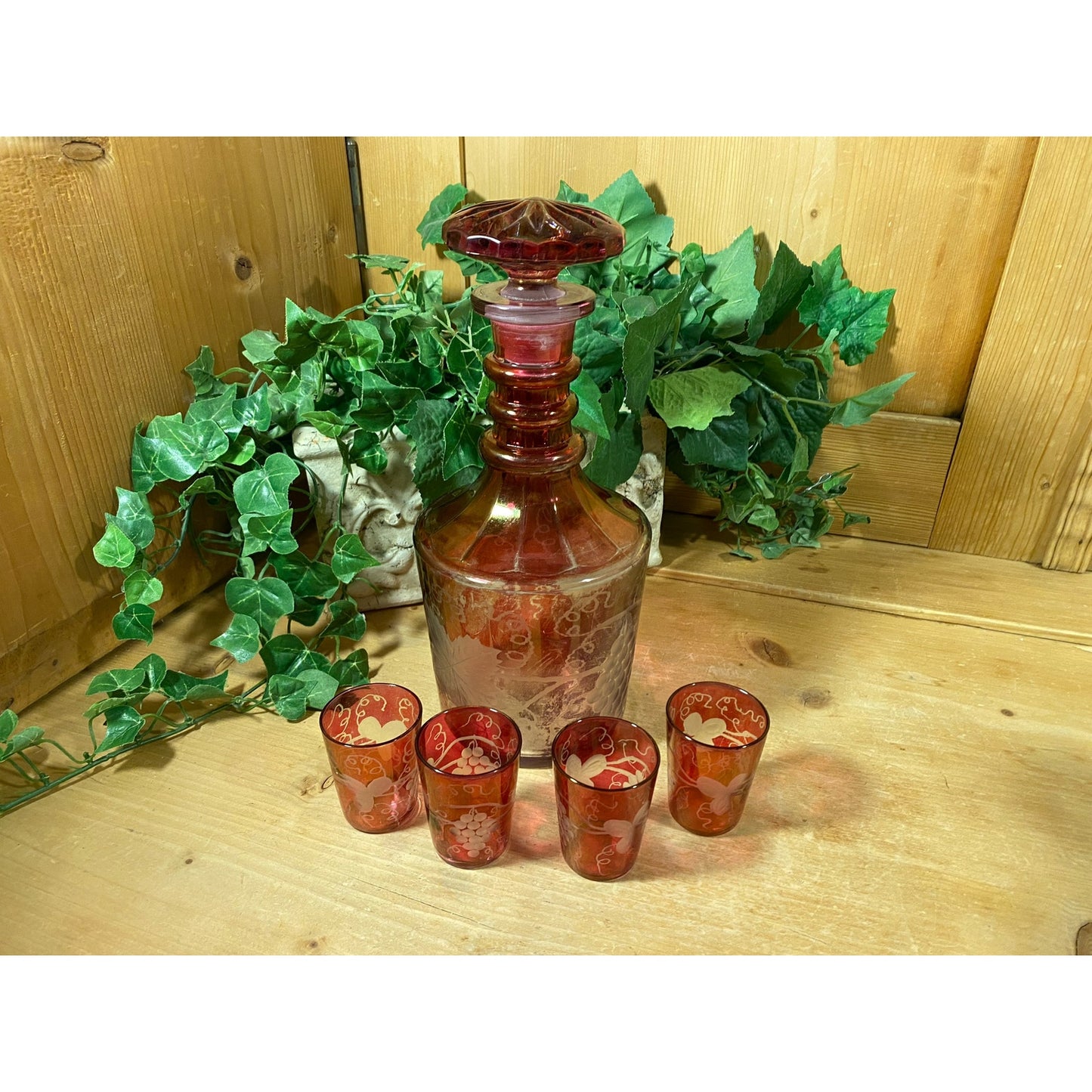 Vintage Etched Glass Wine Decanter with Glasses - Set of 5 | Imperial | Etched Glass with Grapes, Grapevines | Wine Decanter Set | Victorian