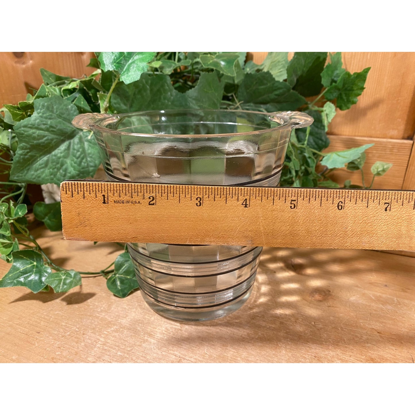 Vintage Striped Clear Glass Ice Bucket with Black Accents | Clear Glass Serving Dish for Wine or Champagne | MCM | Midcentury Modern Barware