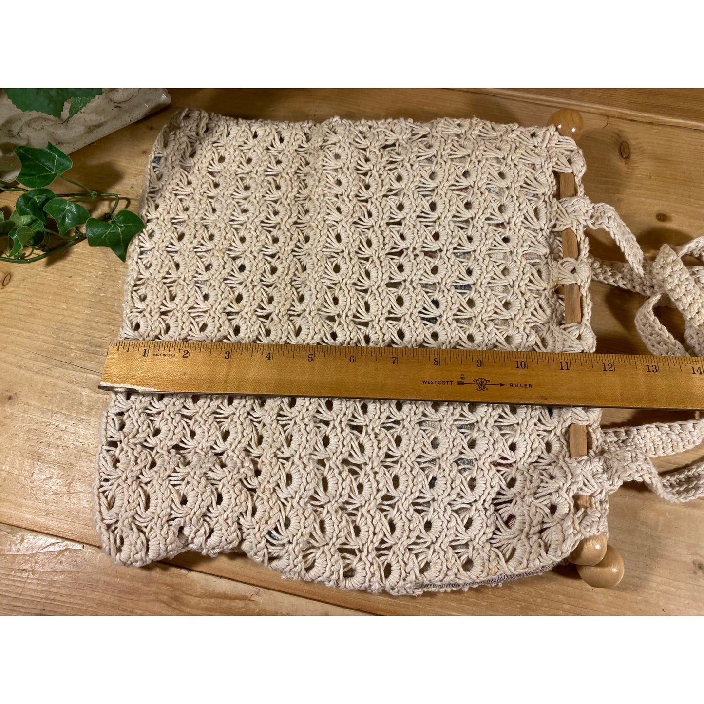 Vintage Macrame Handbag with Wooden Dowels | Cream Crochet Knit Purse with 2 Handles and Floral Lining | Hippie Satchel | Boho Handbag