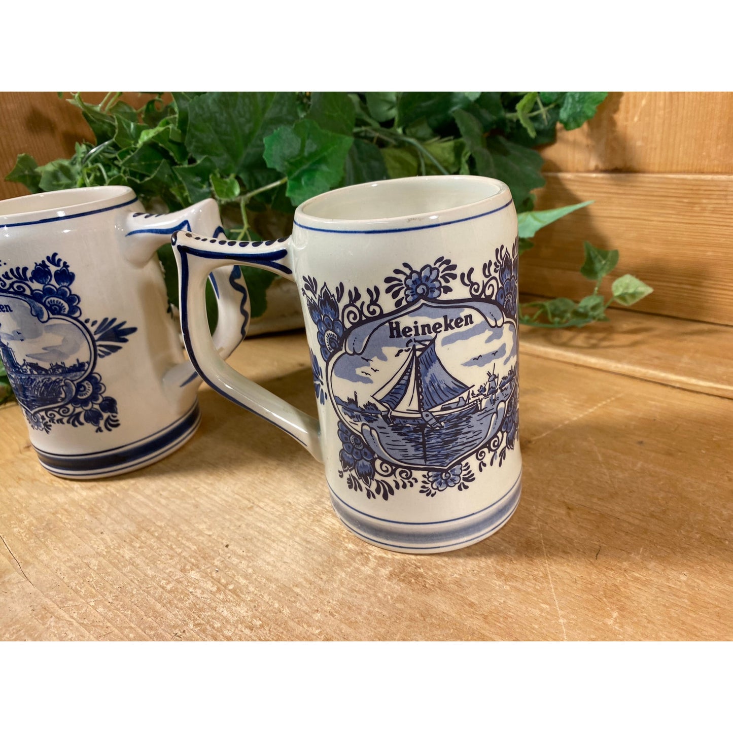 Vintage Hand-Painted Heineken Ceramic Tankards - Set of 2 | Delft Blue | Made In Holland | Dutch Beer Mugs | Collectible European Steins