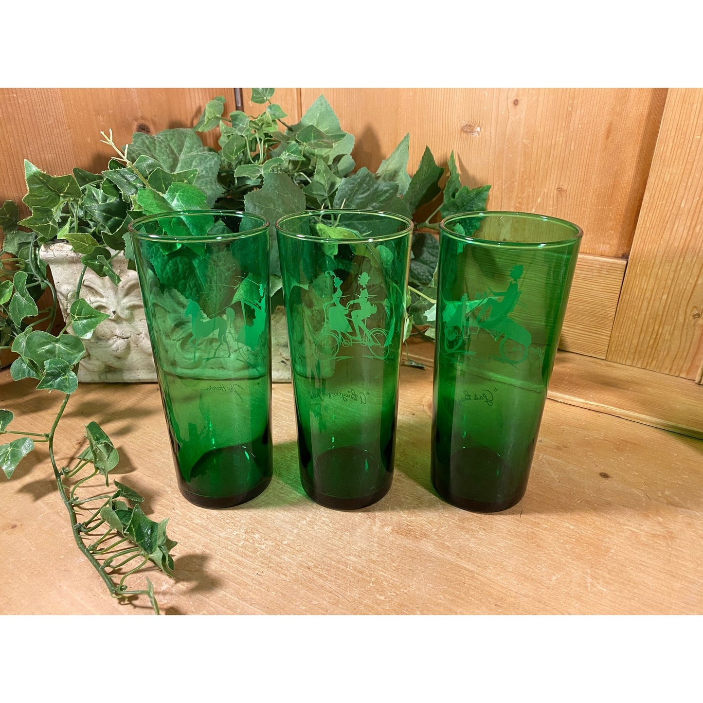 Vintage "Gay '90s Green Glass Drinking Glasses | Anchor Hocking | 3 Bicycle for Two, 2 Gas Buggy, 3 The Hansom | Green Glass Cups with 1890s