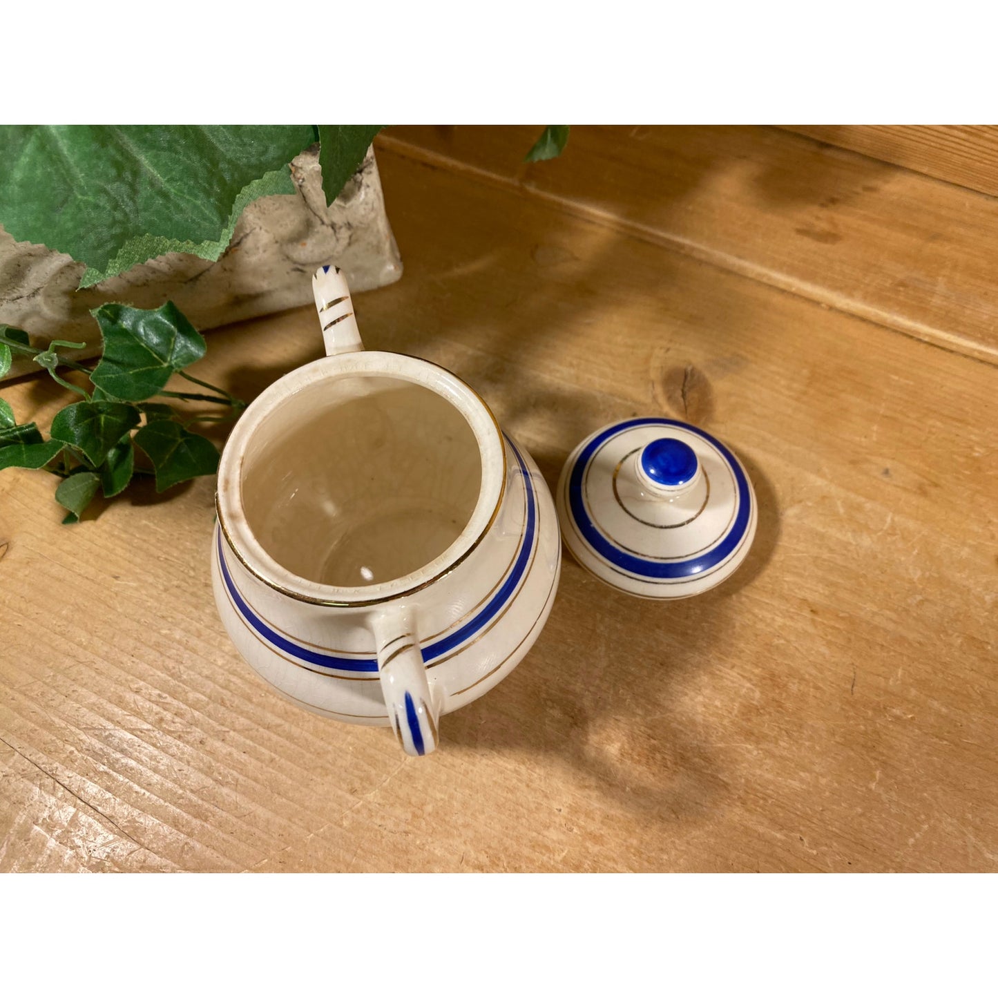 Vintage Striped Porcelain Sugar Bowl with Lid | Crooksville China Co. | Made In USA | Pasmantier Pattern | Blue and Gold | Victorian Tea