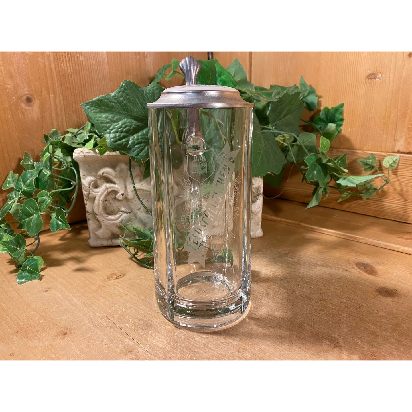 Vintage Feldschlosschen Glass Beer Stein | Swiss Brewery | Glass Beer Mug with Pewter Lid and Handle | Academia | Traditional German Stein