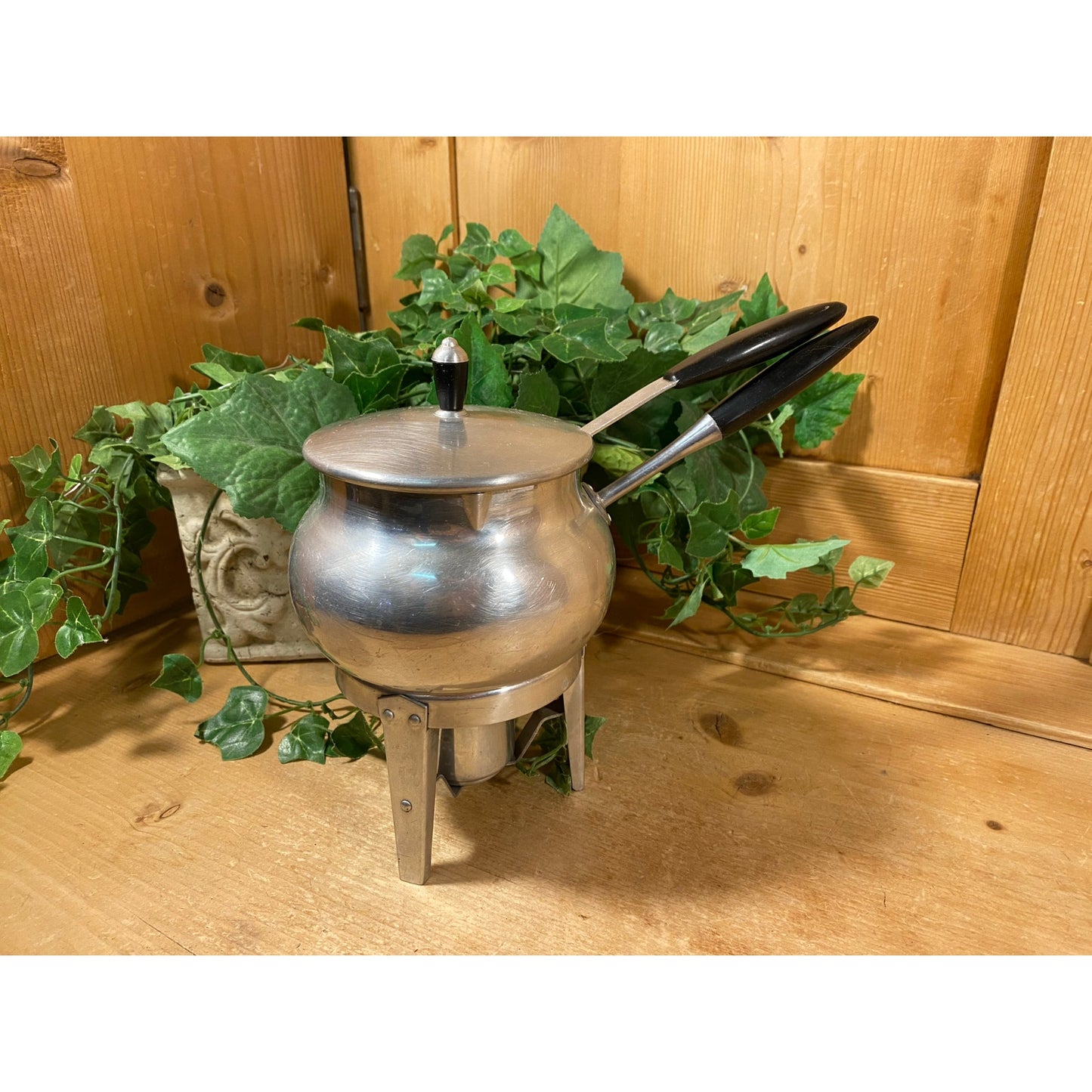 Vintage Aluminum Warming Pan 3 pc. Set | Fondue, Sauce, Milk | Spain | Pot, Base, Ladle | Aluminum + Black Bakelite | Midcentury Modern