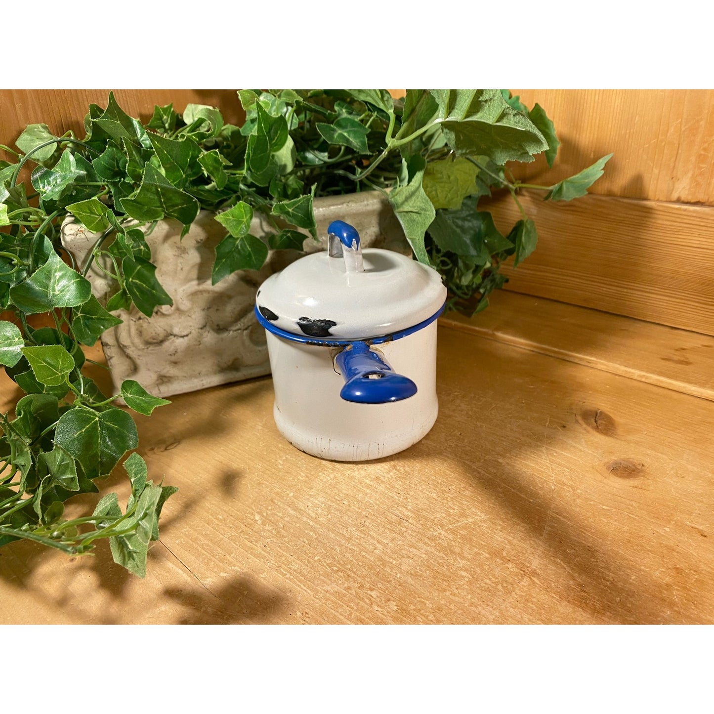 Vintage White and Blue Enamel Sauce Pan with Lid | White + Blue Enamel Pot | Farmhouse Kitchen | White + Blue Enamel Cookware | Enamelware