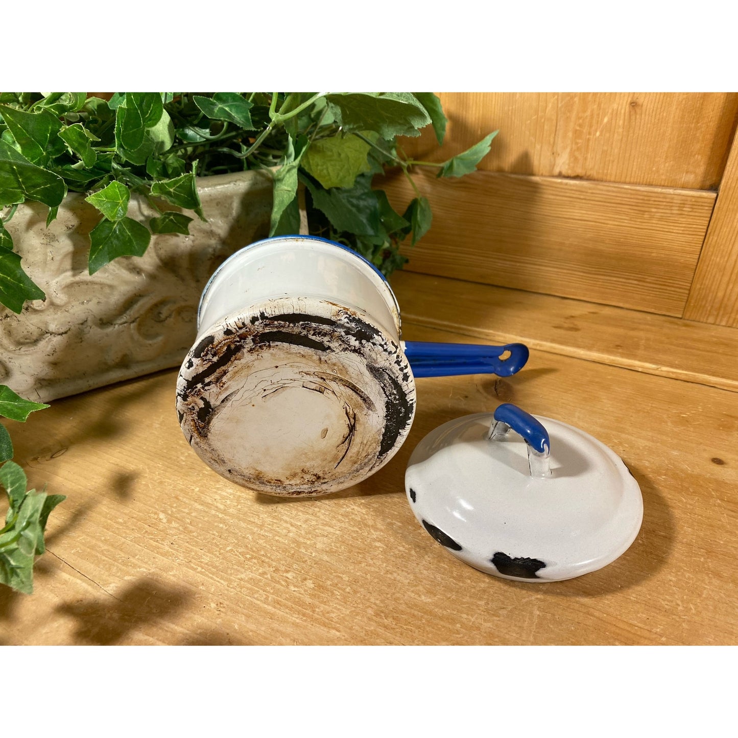 Vintage White and Blue Enamel Sauce Pan with Lid | White + Blue Enamel Pot | Farmhouse Kitchen | White + Blue Enamel Cookware | Enamelware