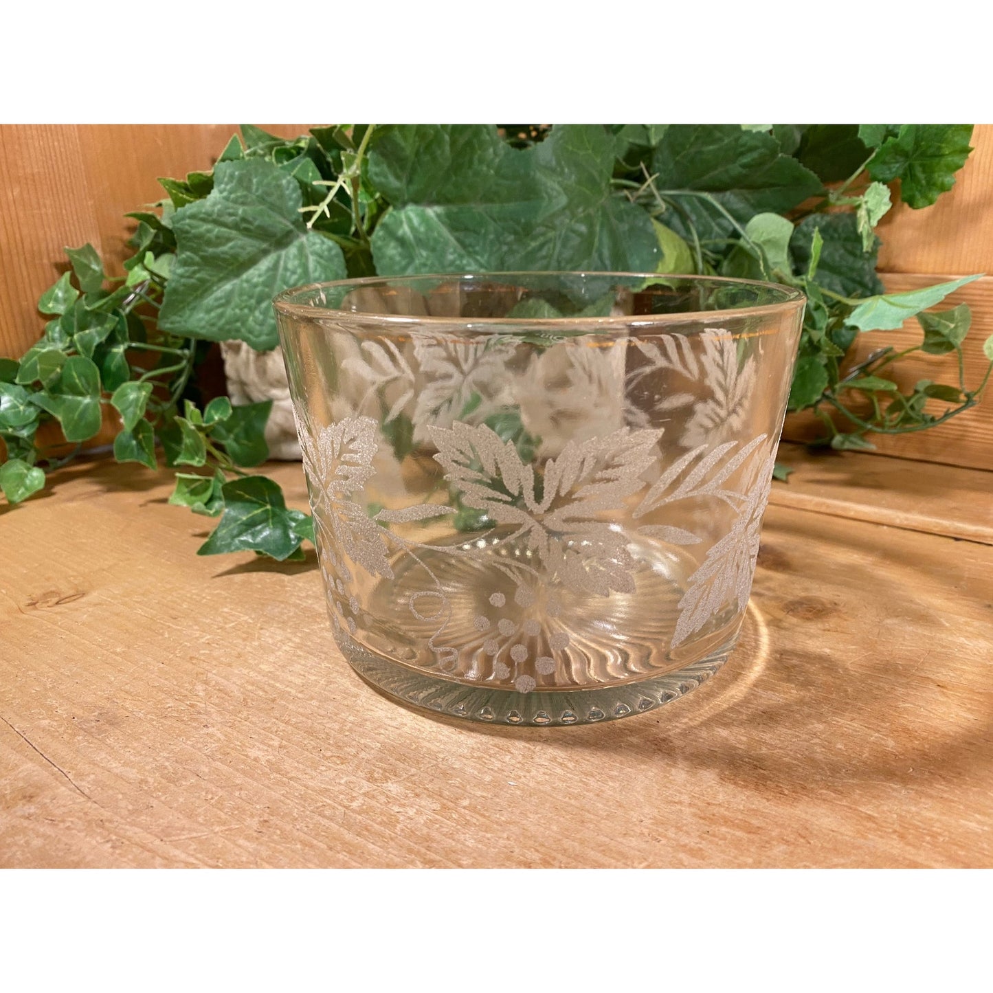 Vintage Clear Floral Glass Ice Bucket | Libbey | Etched, Frosted Glass Leaves and Gold Trim | Midcentury Modern Barware | Glass Wine Chiller