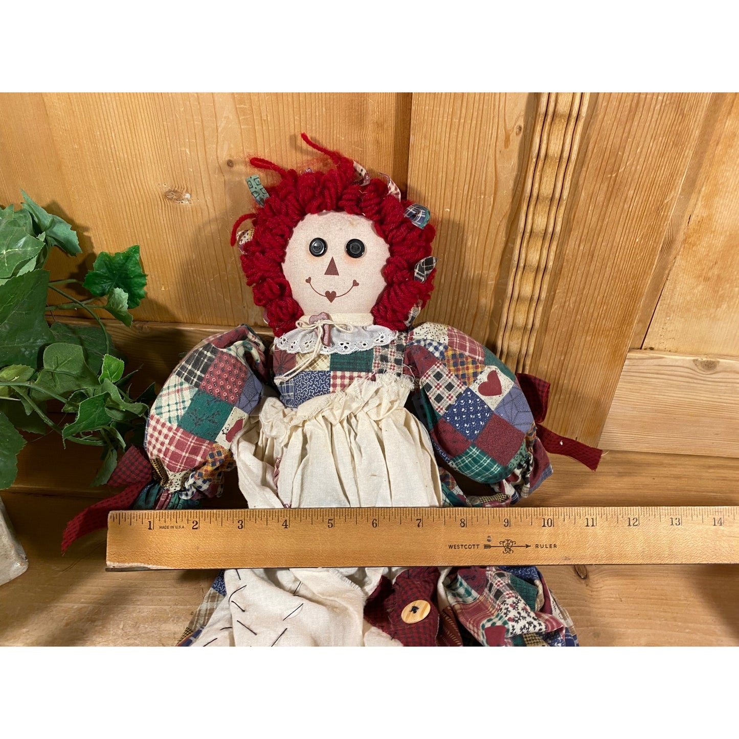 Vintage Long-Limb Raggedy Ann | Large Fabric Raggedy Ann Doll with Yarn Hair | Cloth Raggedy Ann Doll with Patchwork Dress, White Pinafore