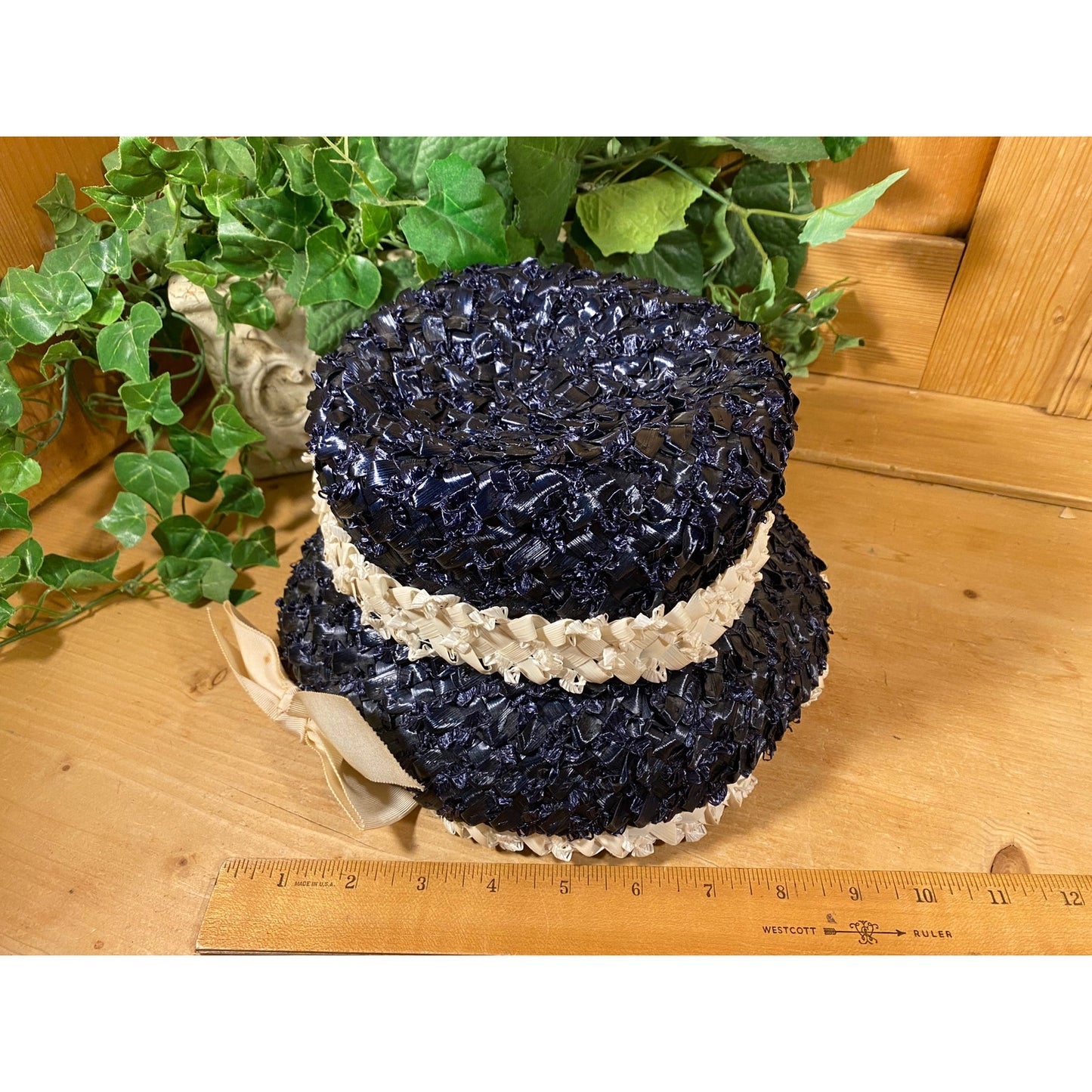 Vintage Blue Cello Straw Hat with Ivory Trim | Rikes Duby | Midcentury Modern | Navy Blue Cello Straw Hat | Costume | MCM | Womens Fashion